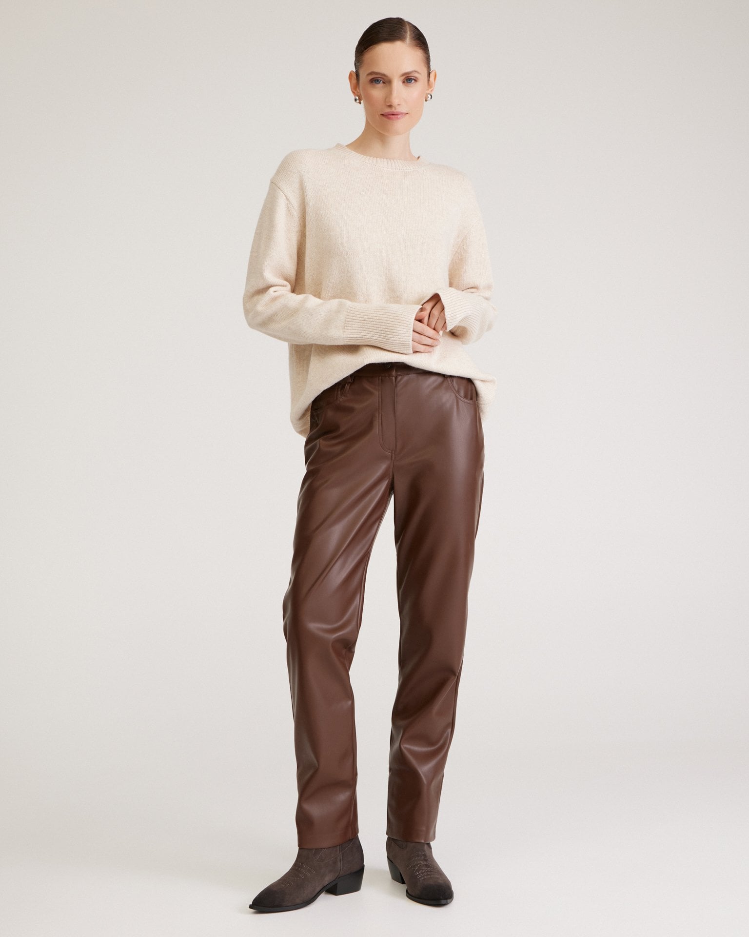 Chocolate brown trousers in eco-leather