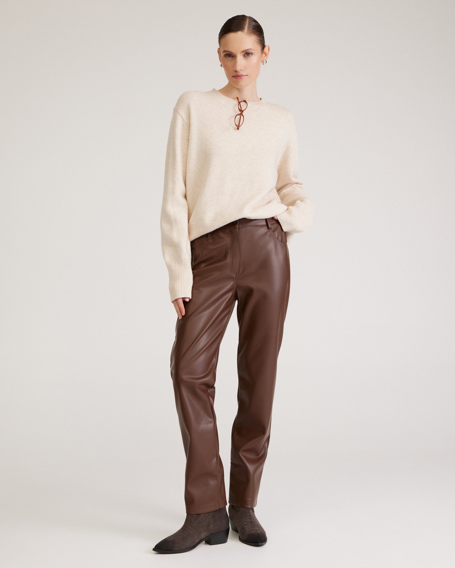 Chocolate brown trousers in eco-leather