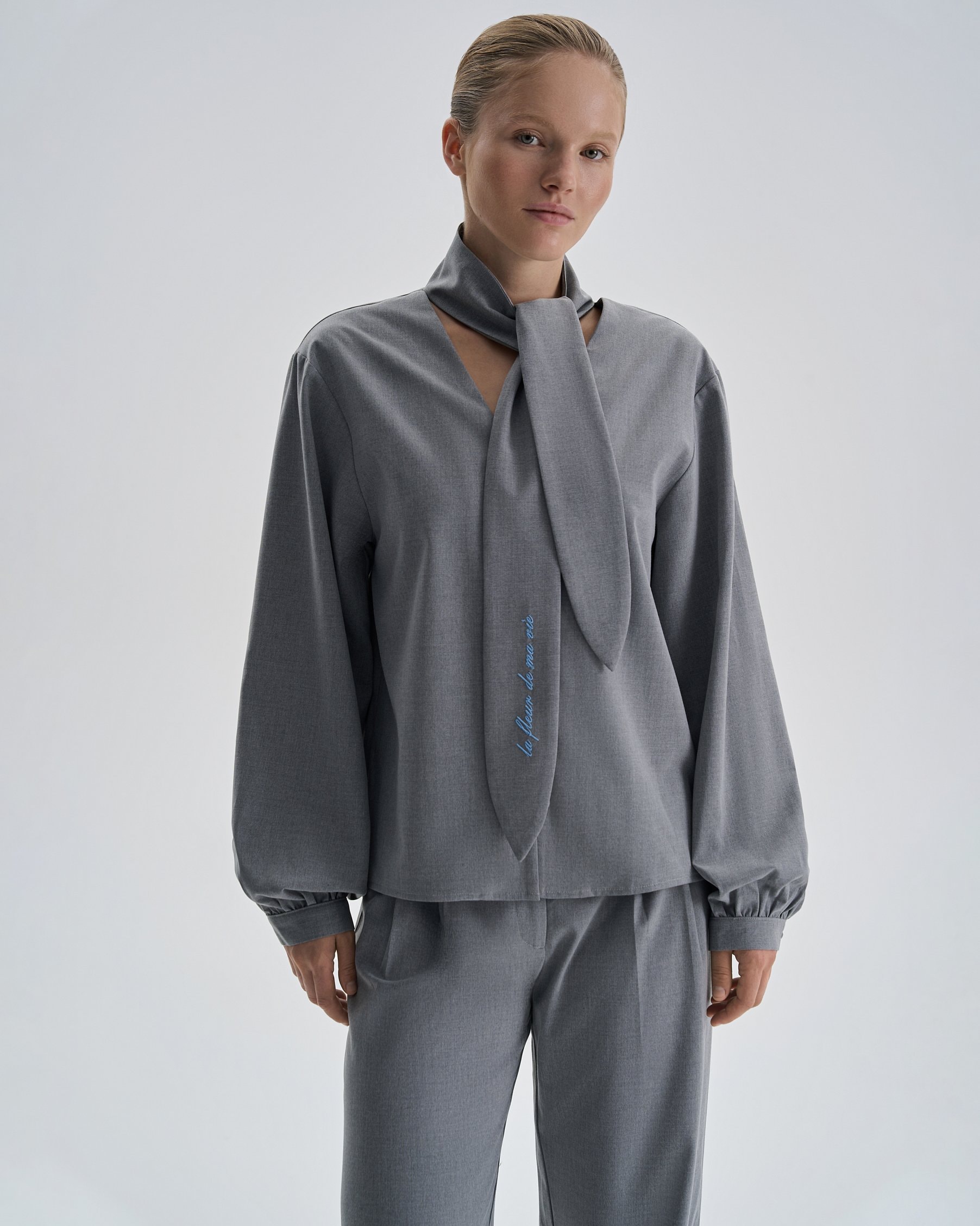 Blouse with a tie-neck detail, Grey — photo 3