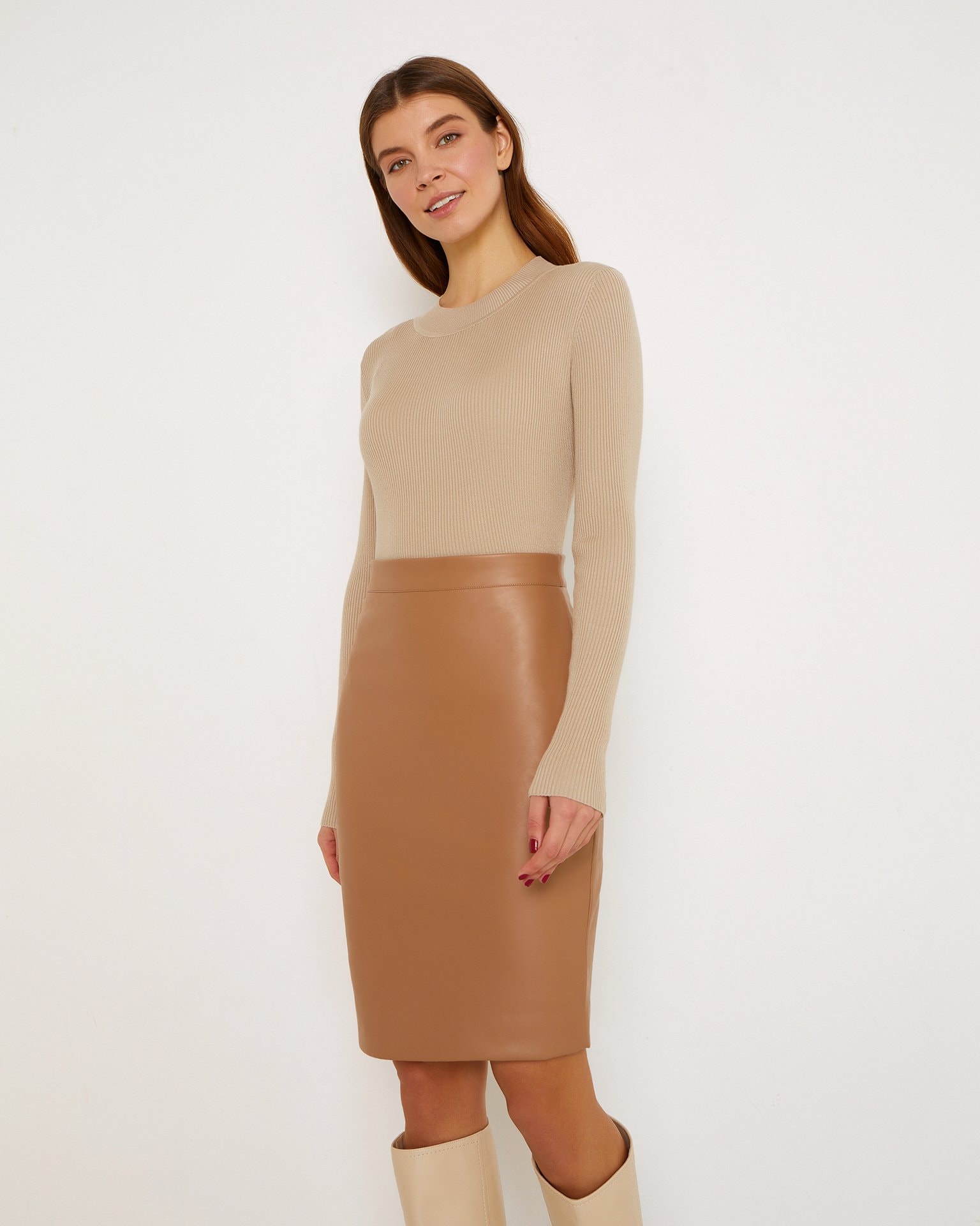 Nude ribbed jumper, Beige — photo 4
