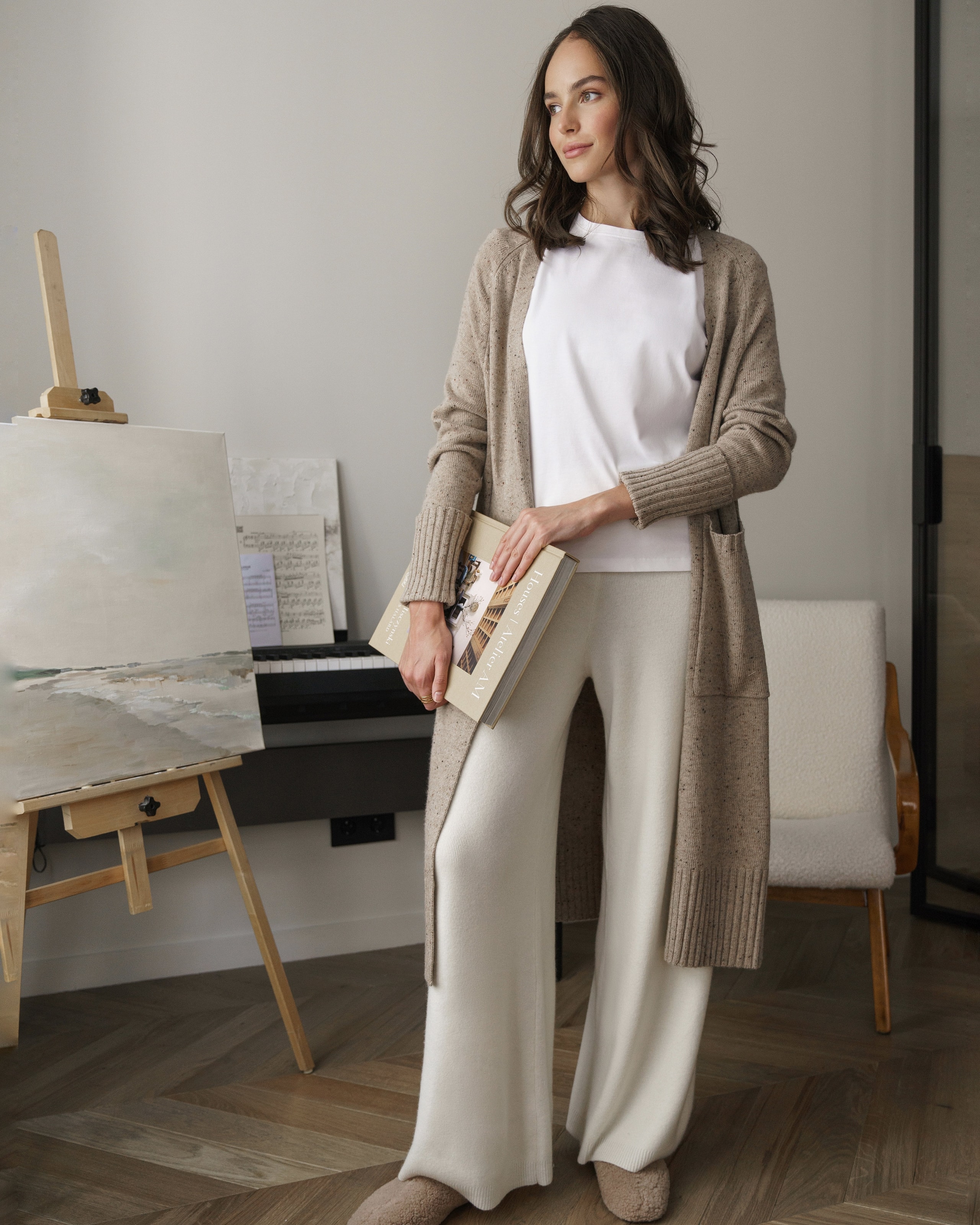 Buttonless Cardigan, Beige