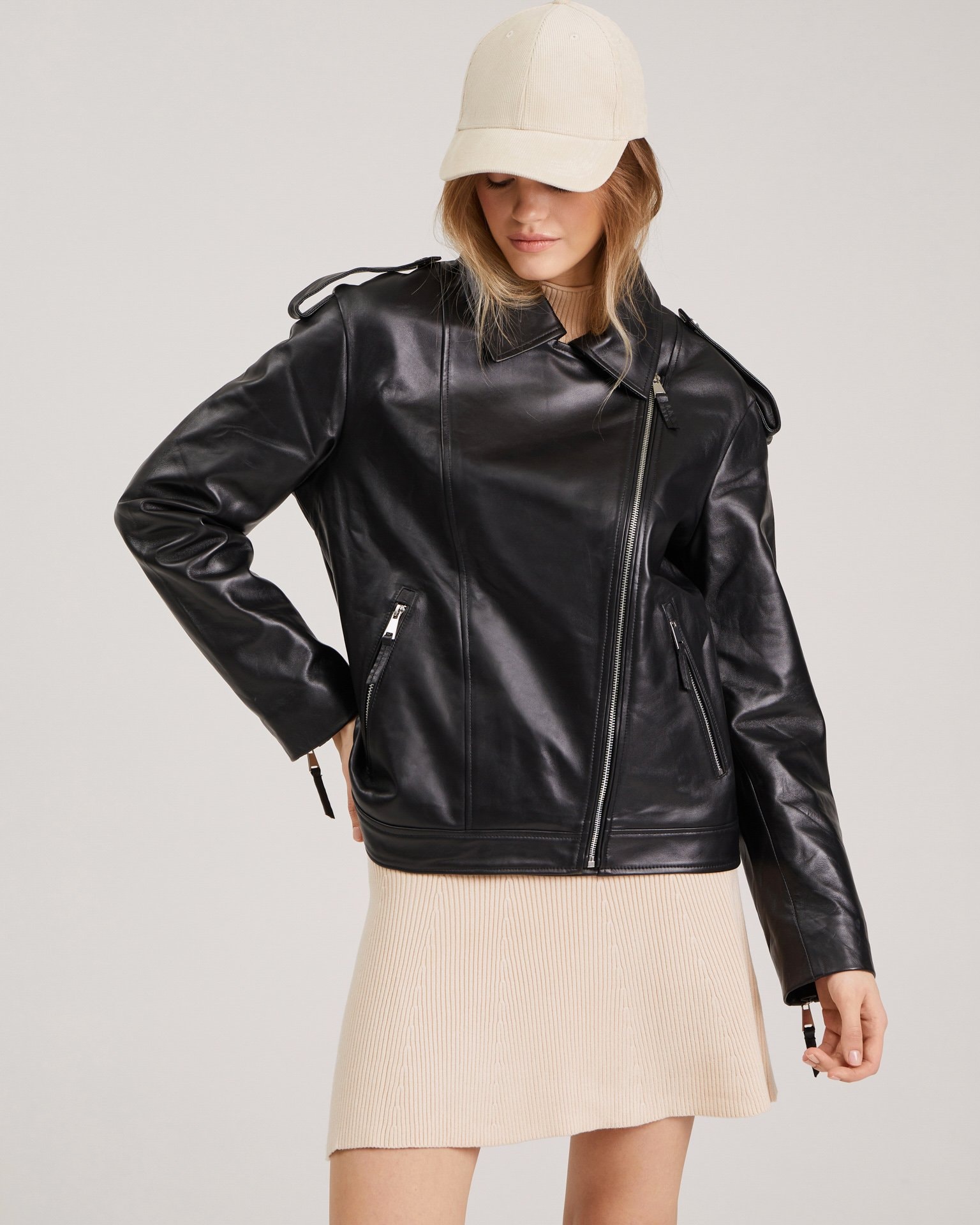 Leather biker jacket, Black — photo 2