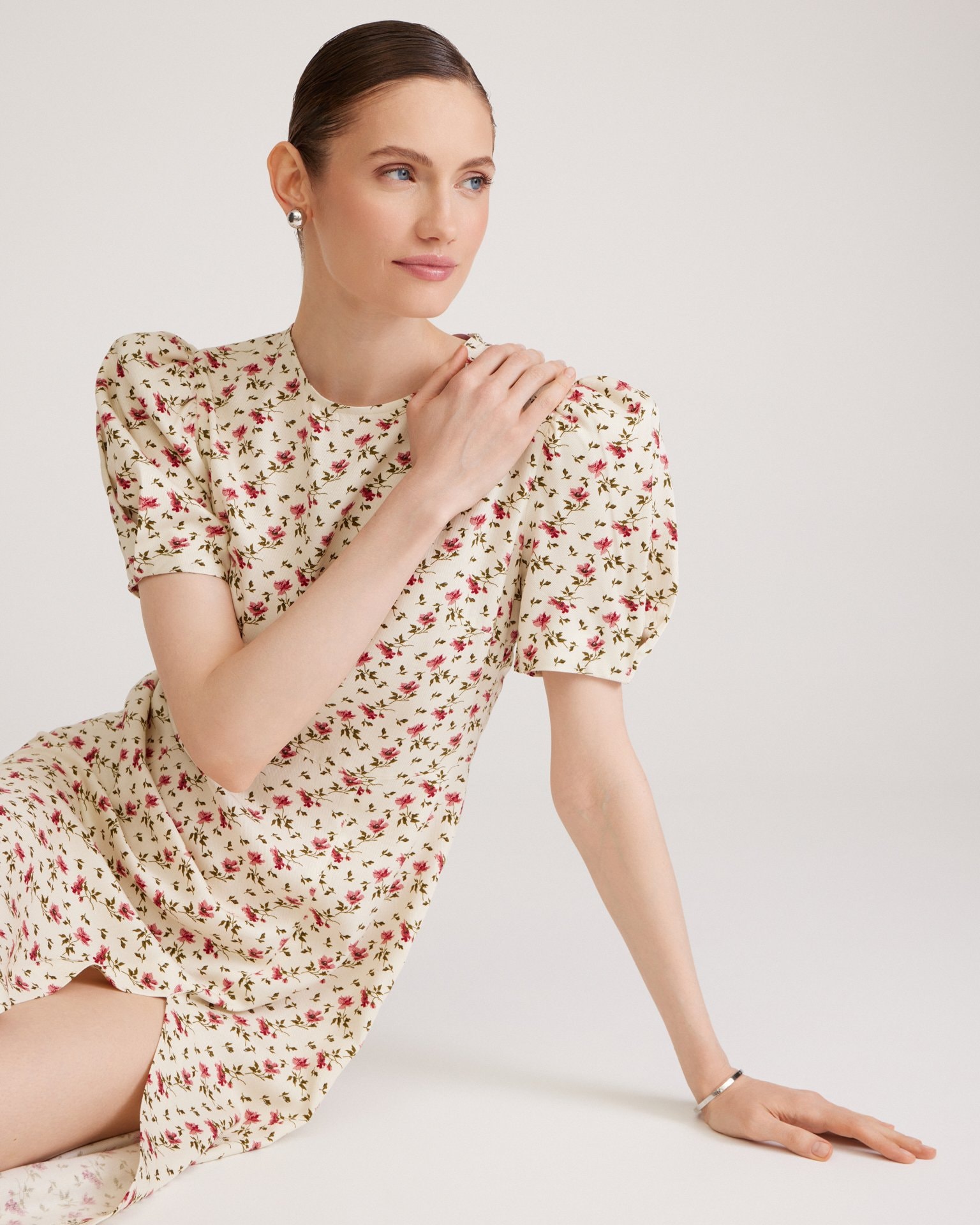 Dress with Floral Print, Cream — photo 6