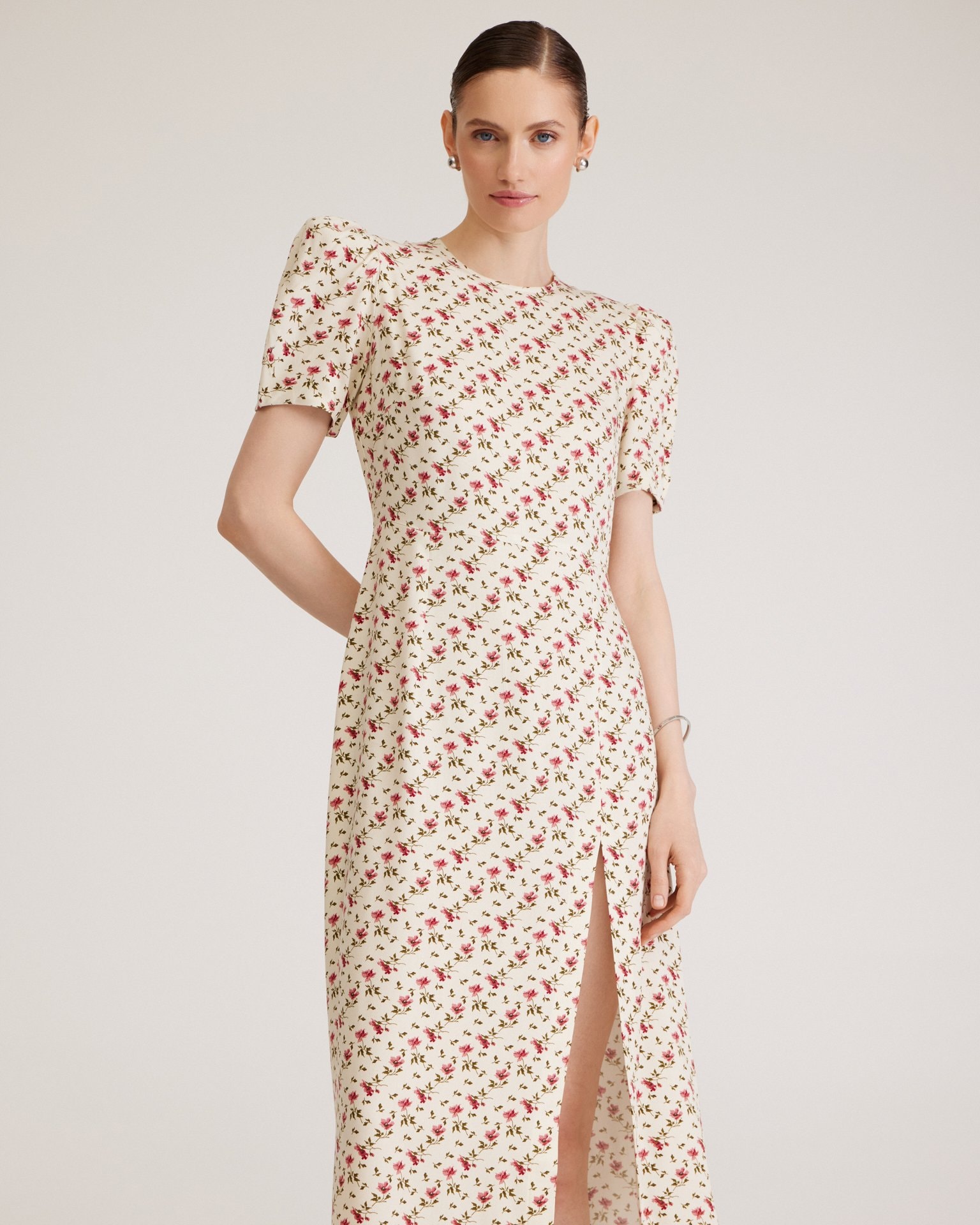 Dress with Floral Print, Cream