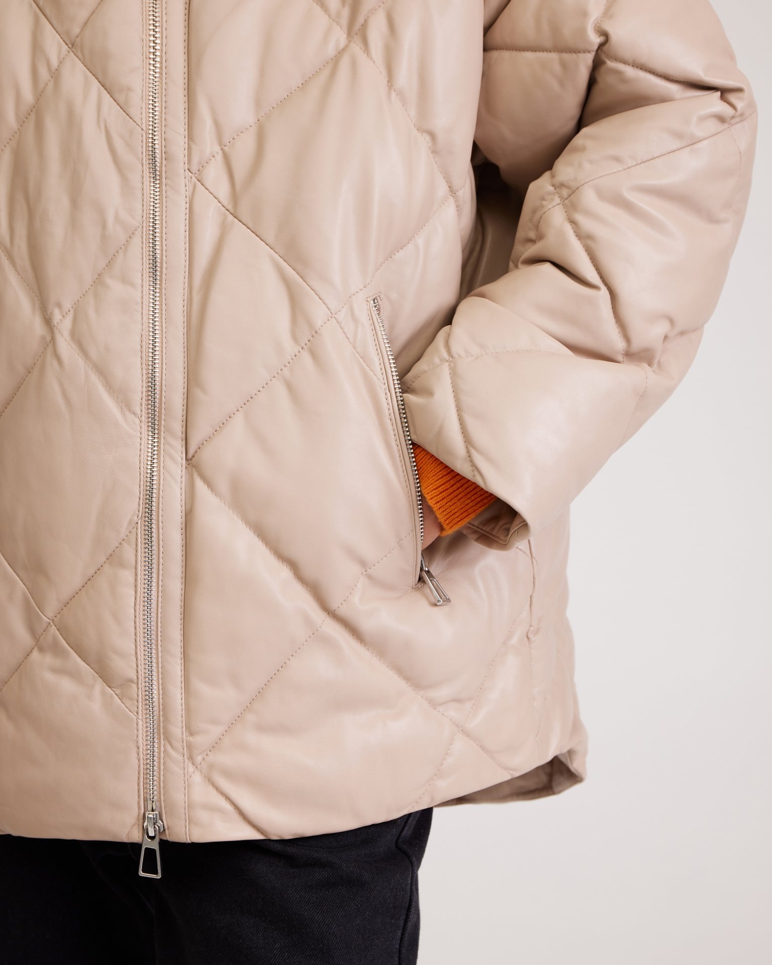 Quilted jacket made from genuine leather, Beige — photo 10
