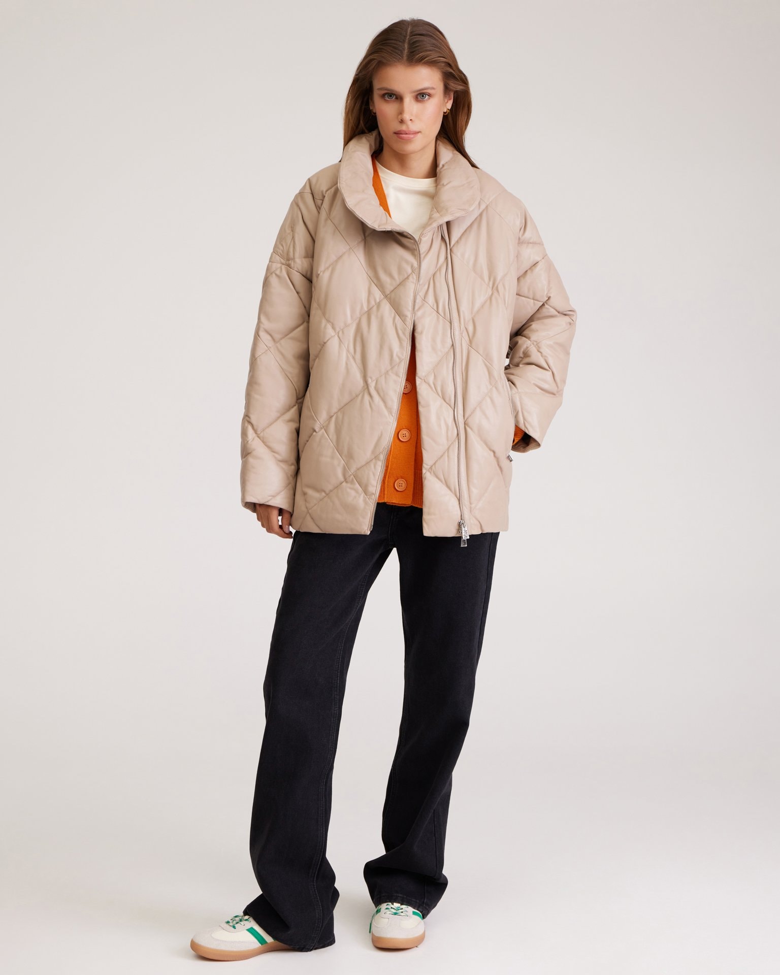 Quilted jacket made from genuine leather, Beige — photo 5