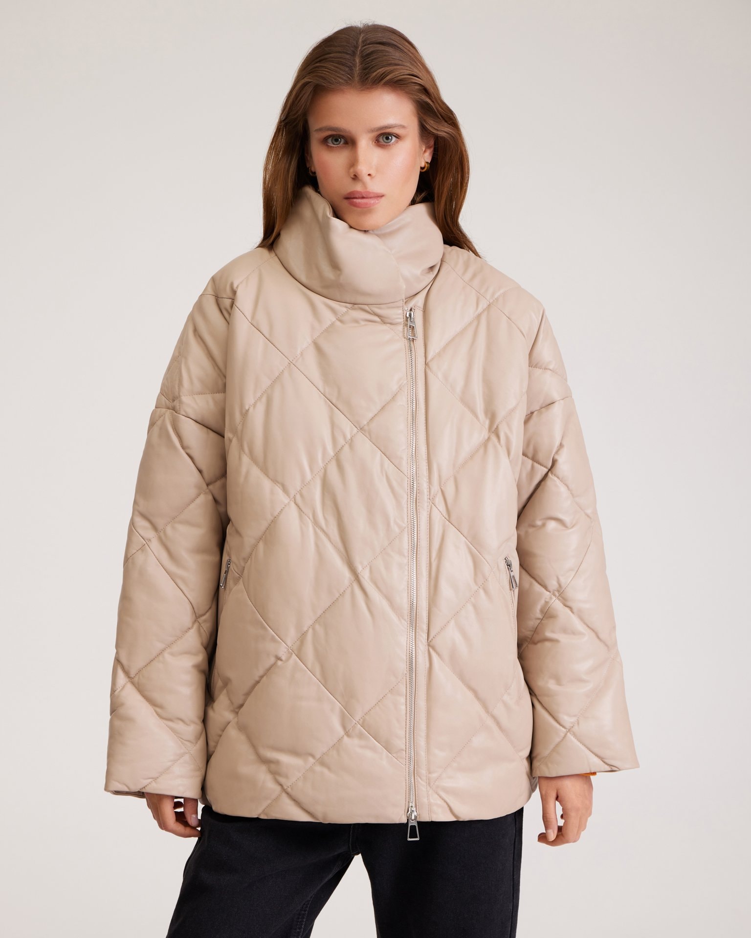 Quilted jacket made from genuine leather, Beige — photo 6
