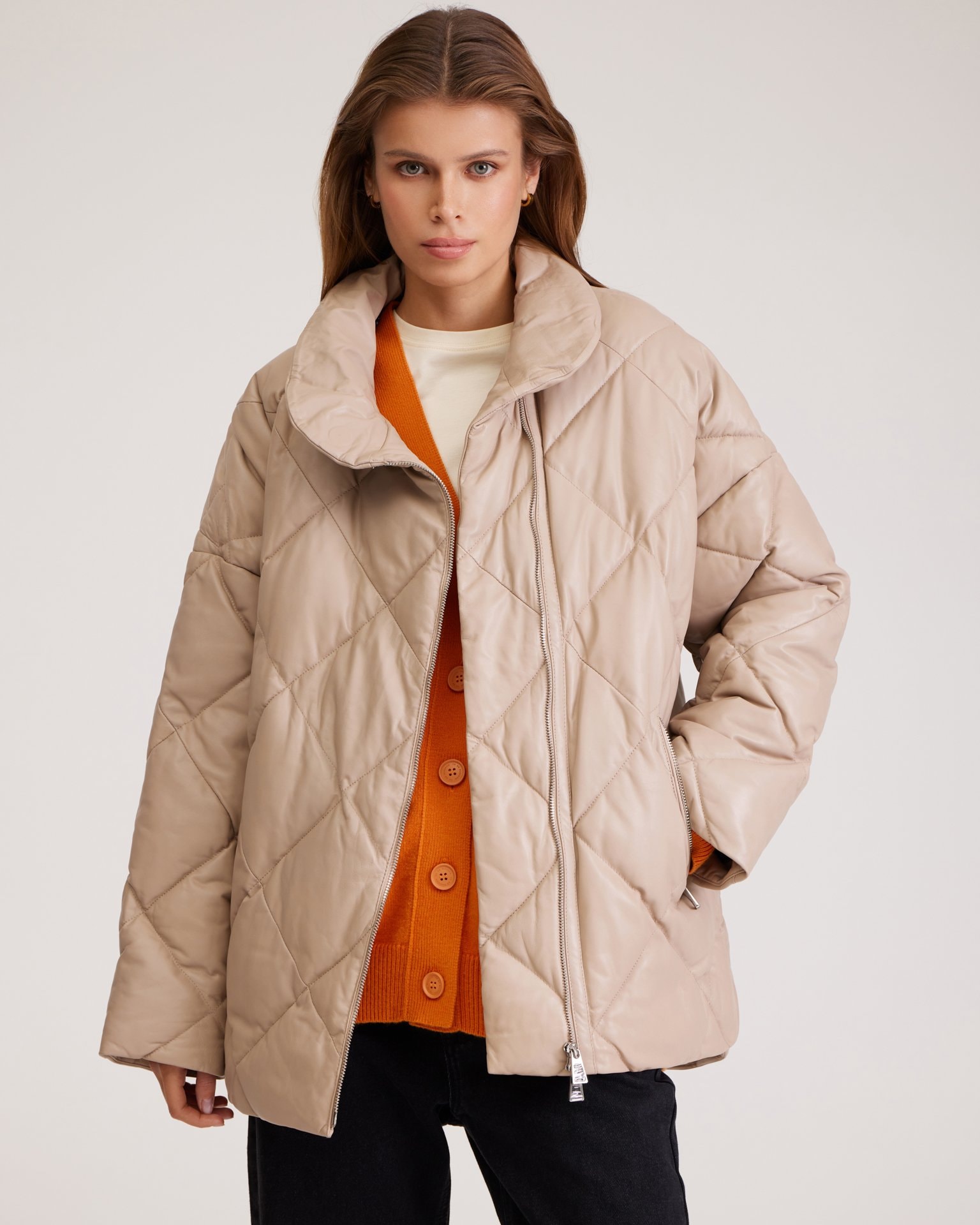 Quilted jacket made from genuine leather, Beige — photo 7