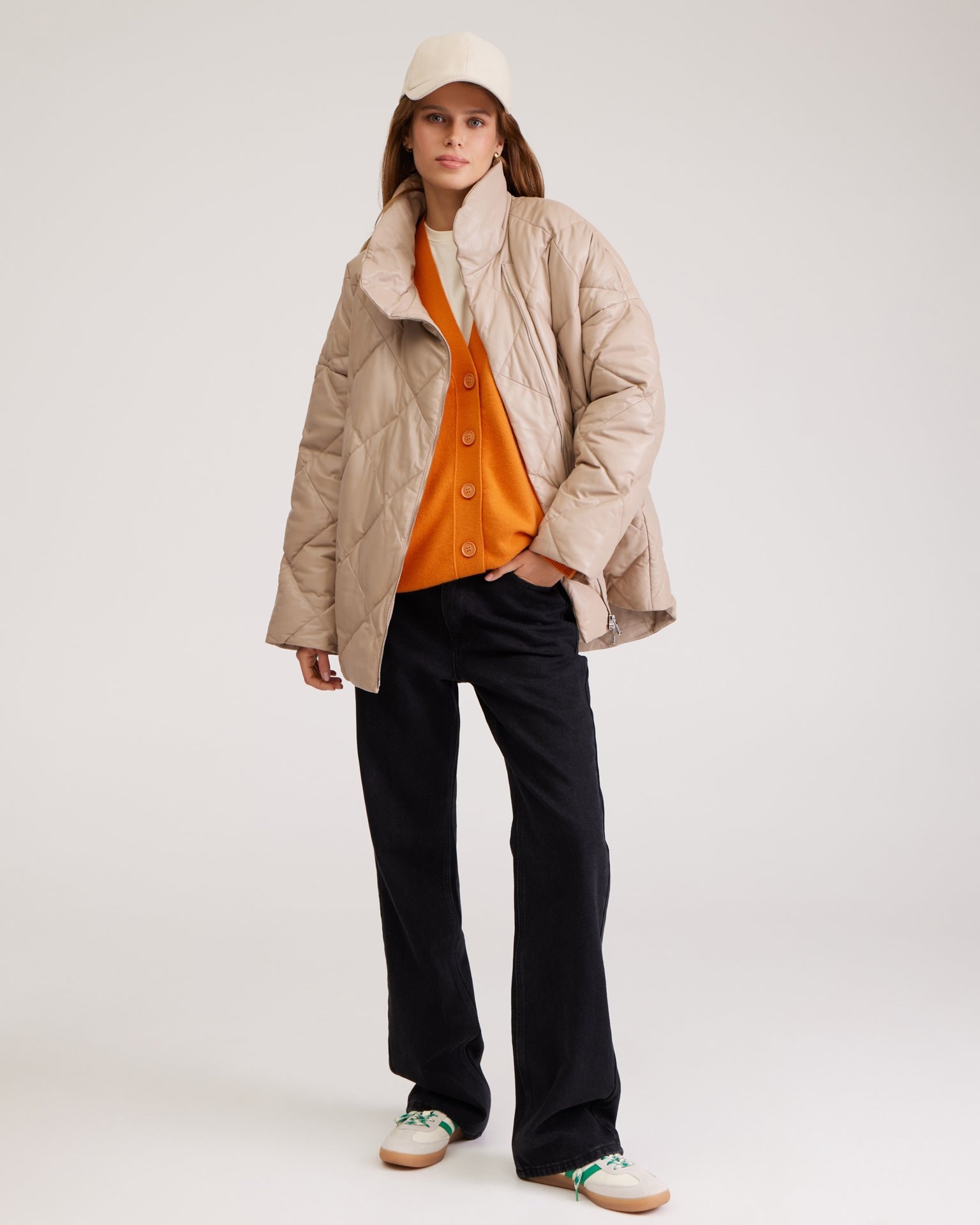 Quilted jacket made from genuine leather, Beige — photo 2