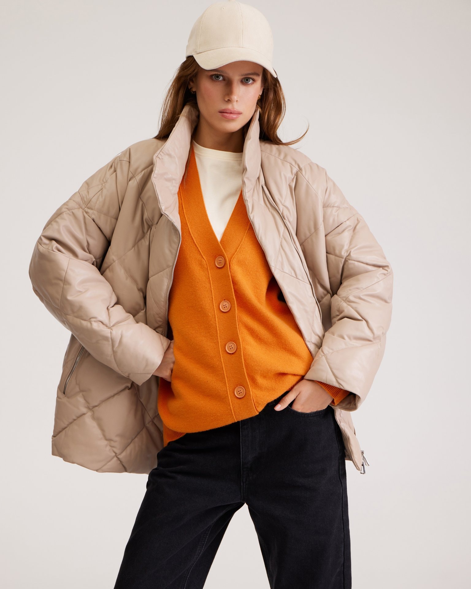 Quilted jacket made from genuine leather, Beige — photo 3