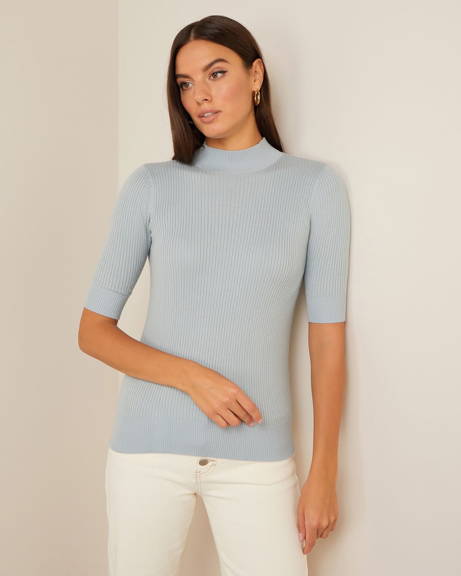 Ribbed turtleneck with short sleeves, Grey-Blue — photo 2