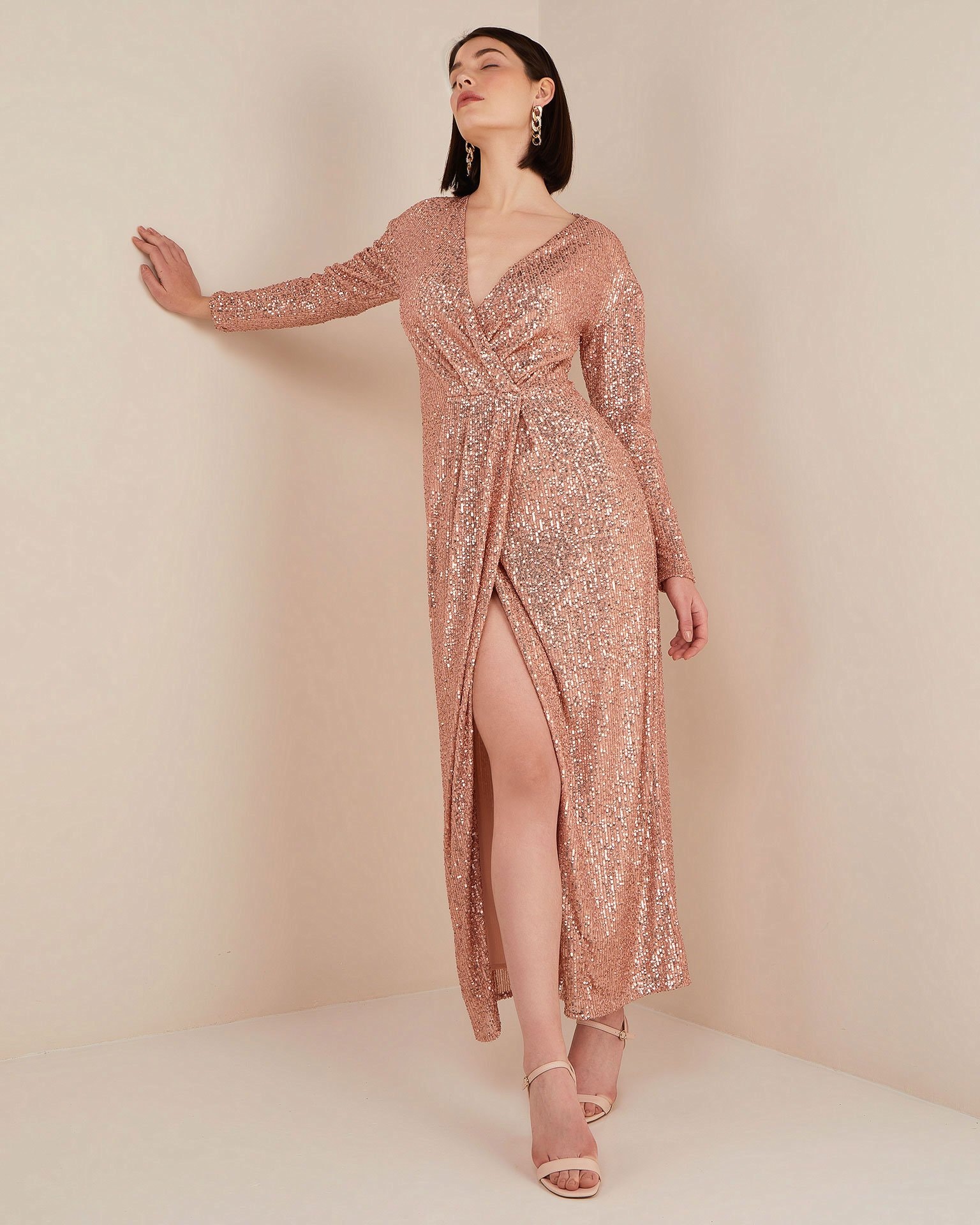 Long dress with sequins, Peach — photo 3