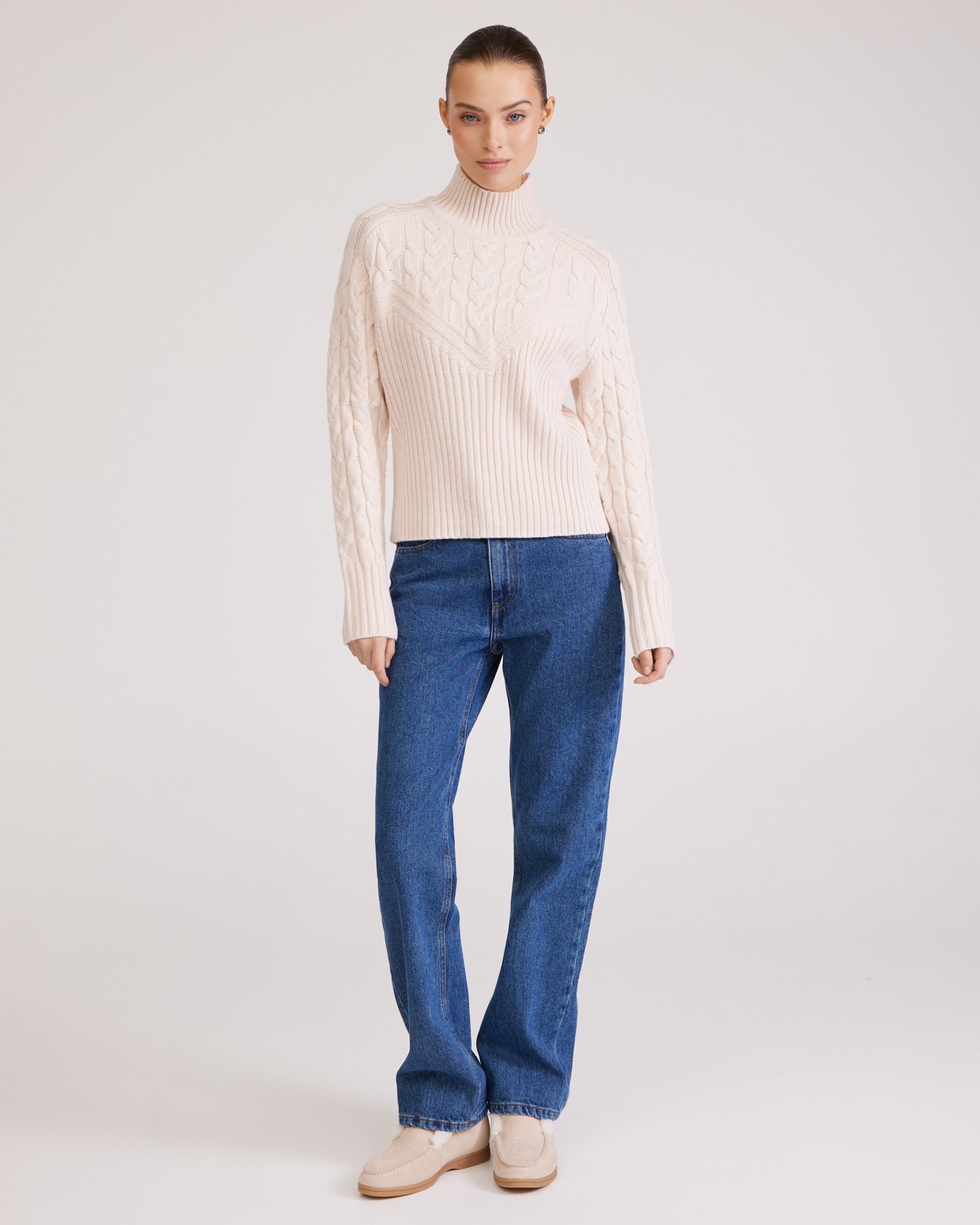 Cream sweater with cable knit, Milk — photo 2