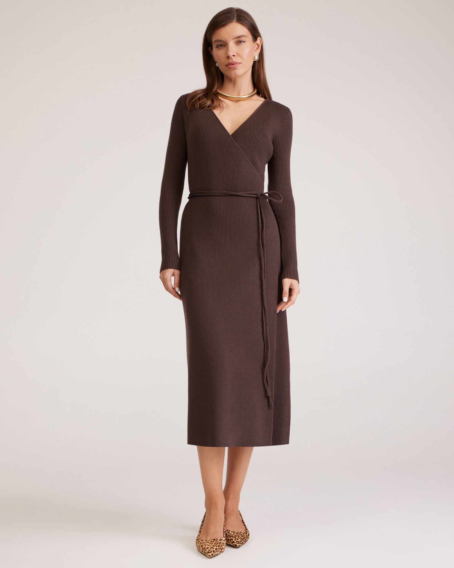 Knit wrap dress, Brown