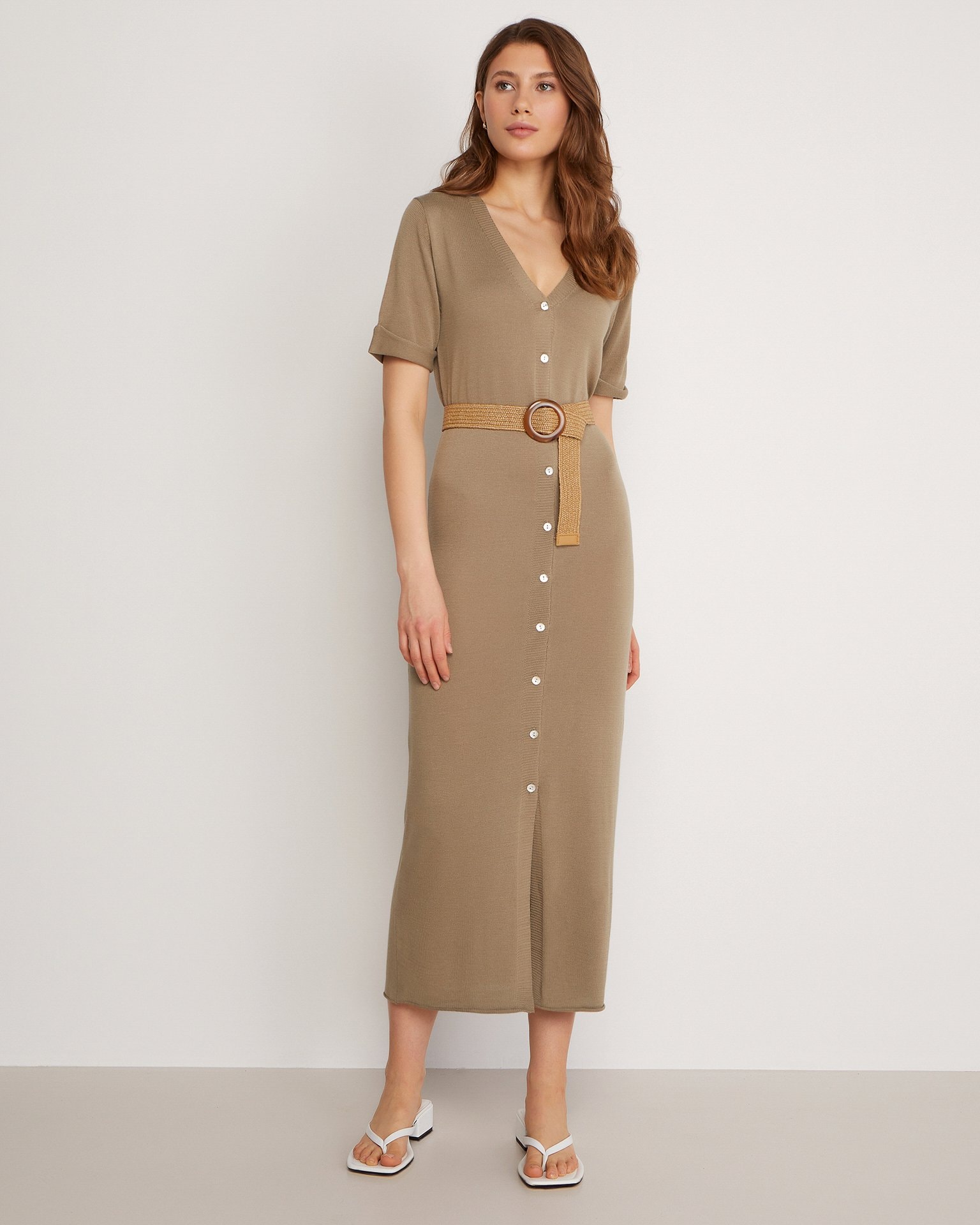 Dress with Belt, Khaki — photo 2