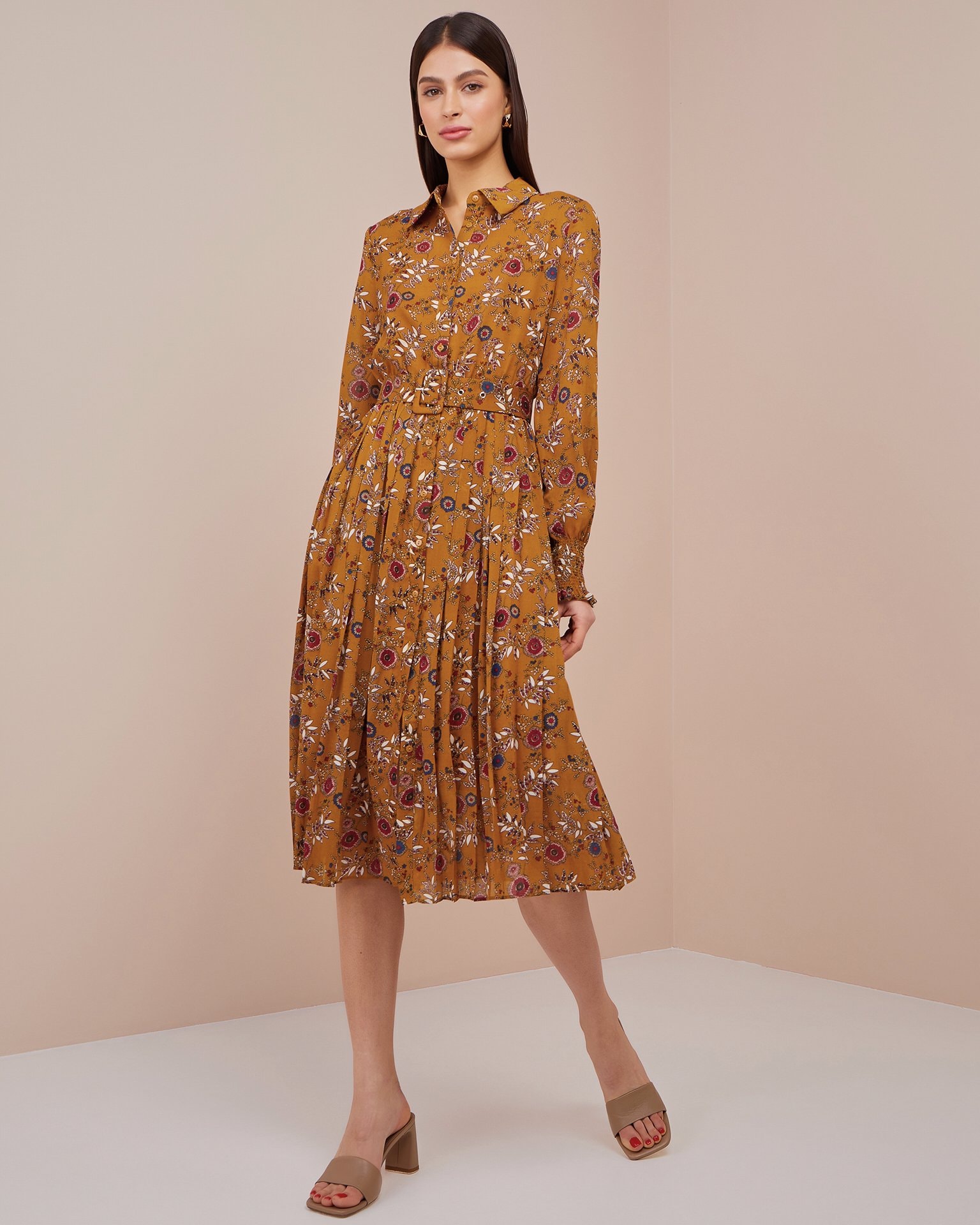Flowing dress with a collar, Yellow — photo 2