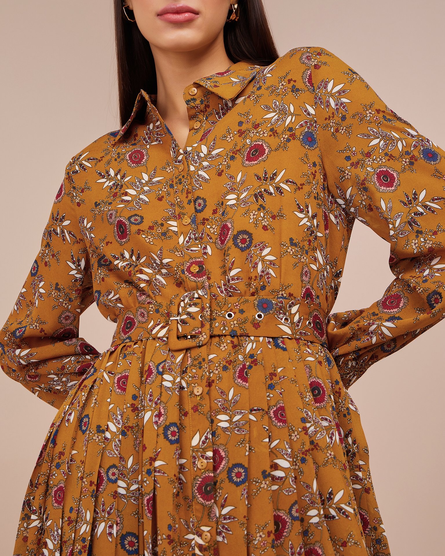 Flowing dress with a collar, Yellow — photo 5