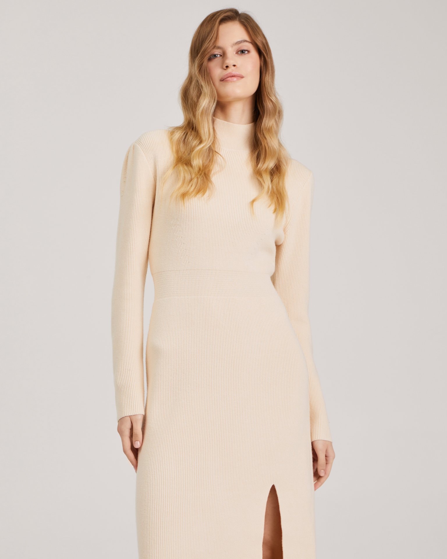 Knitted dress with a slit, Beige — photo 2