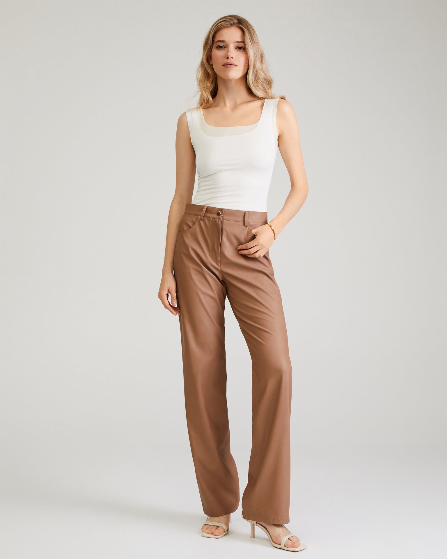 Coffee-coloured eco-leather trousers, Brown — photo 5