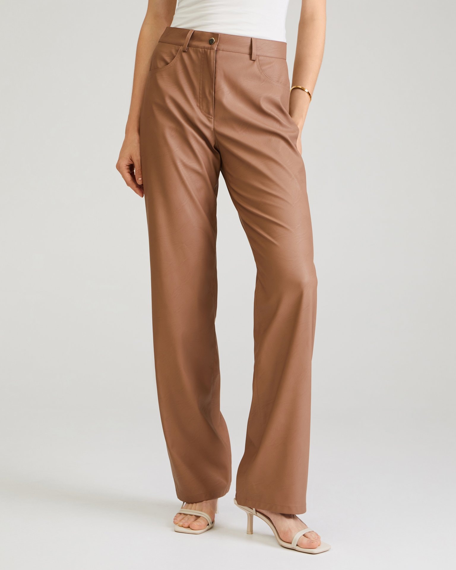 Coffee-coloured eco-leather trousers, Brown — photo 8
