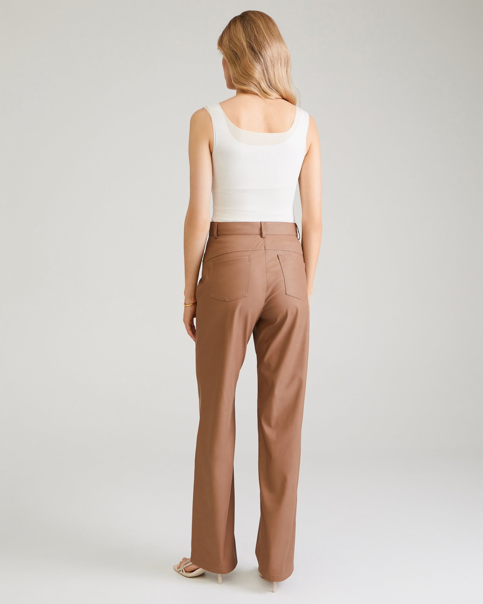 Coffee-coloured eco-leather trousers, Brown — photo 4