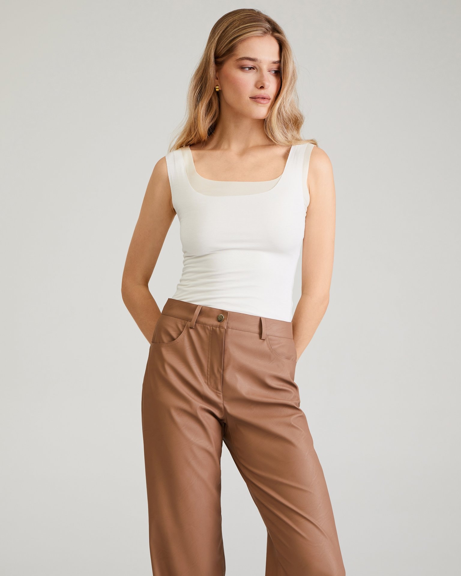 Coffee-coloured eco-leather trousers, Brown — photo 3