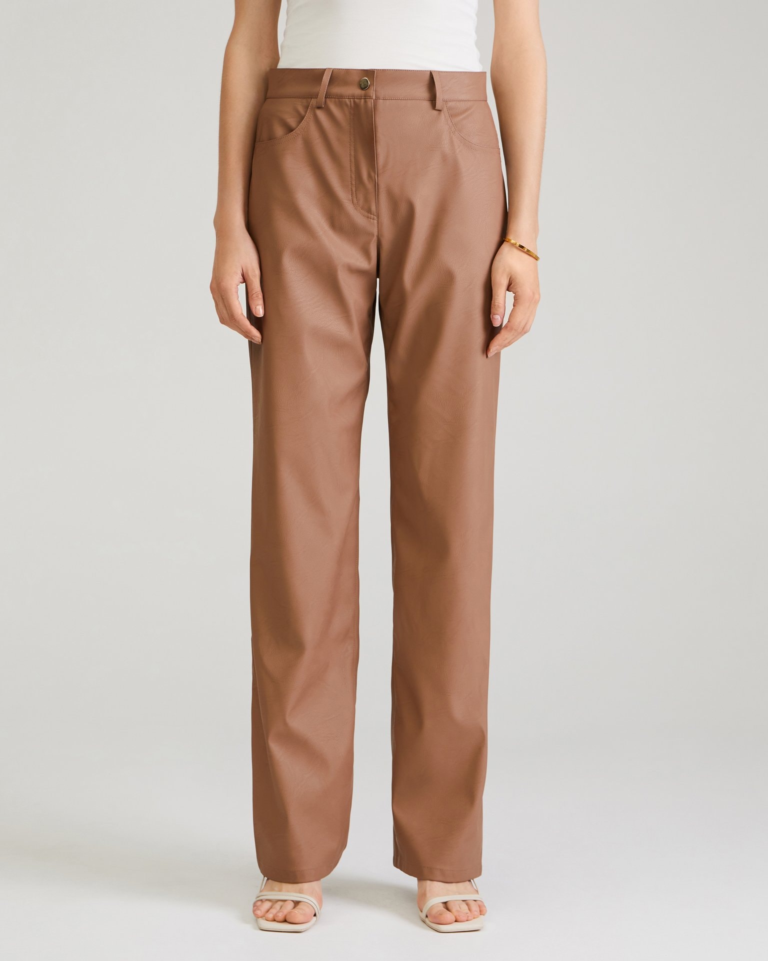 Coffee-coloured eco-leather trousers, Brown — photo 7