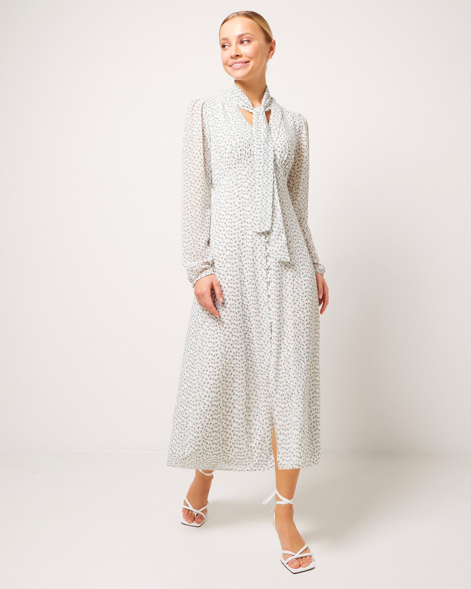 Mid-length dress with neck ties, Milky Blue — photo 2
