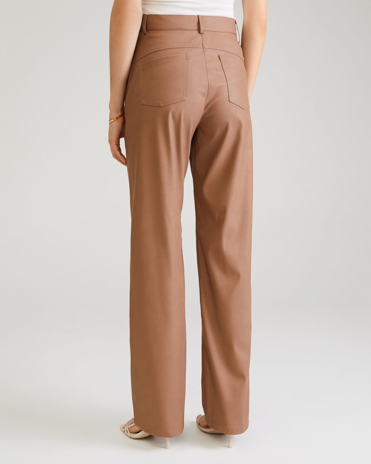 Coffee-coloured eco-leather trousers, Brown — photo 9