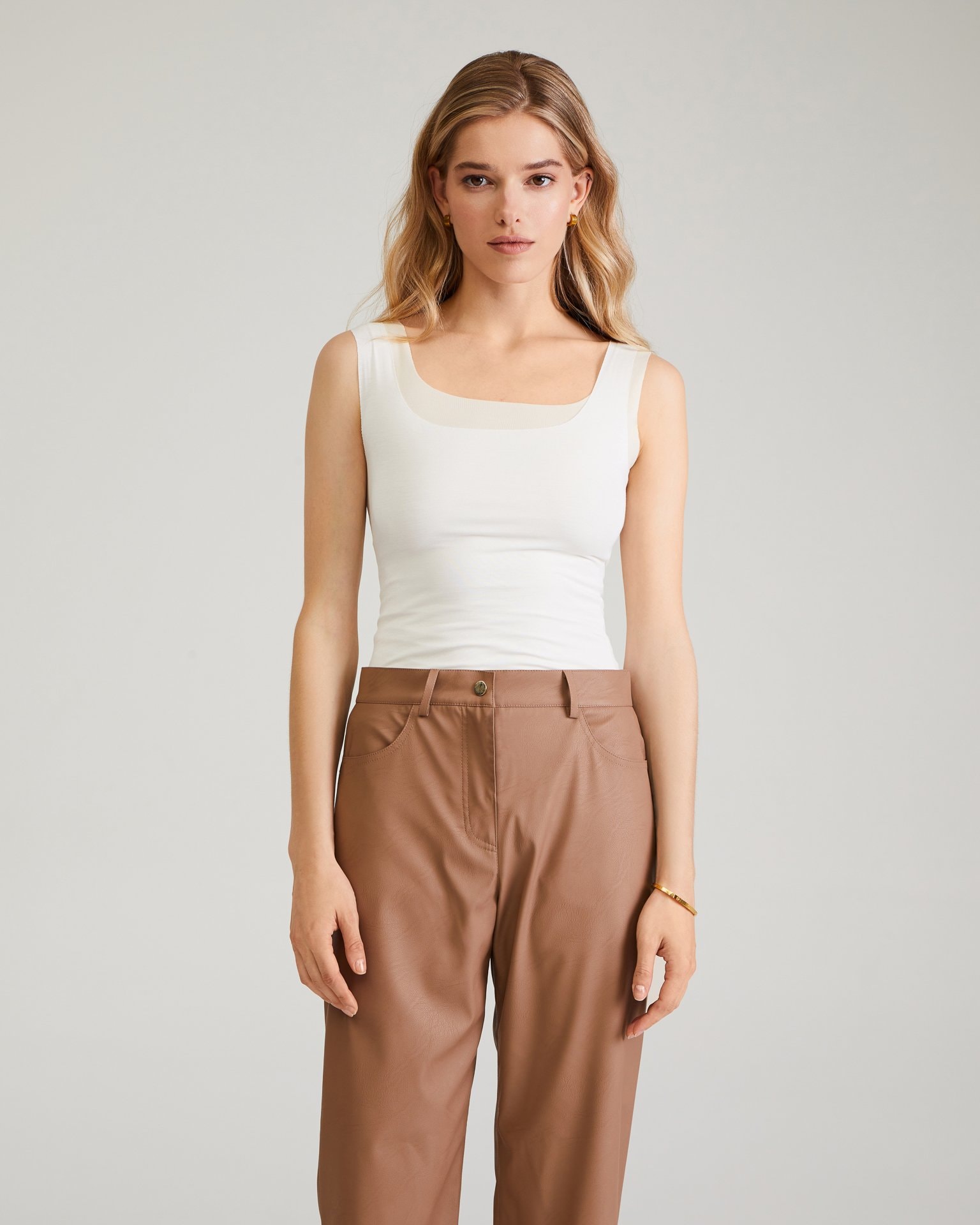 Coffee-coloured eco-leather trousers, Brown — photo 6