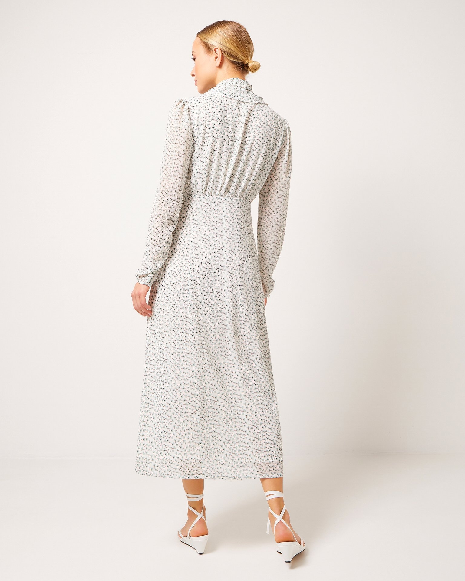 Mid-length dress with neck ties, Milky Blue — photo 3