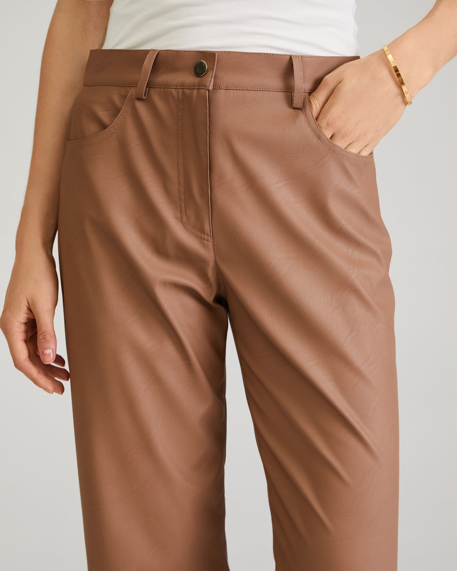 Coffee-coloured eco-leather trousers, Brown — photo 10