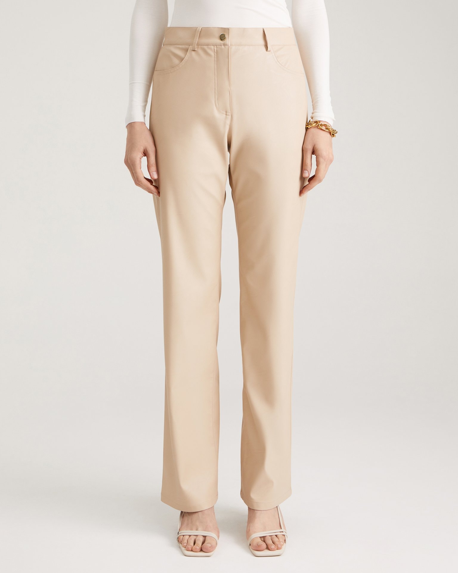 Beige faux leather trousers, Beige — photo 8