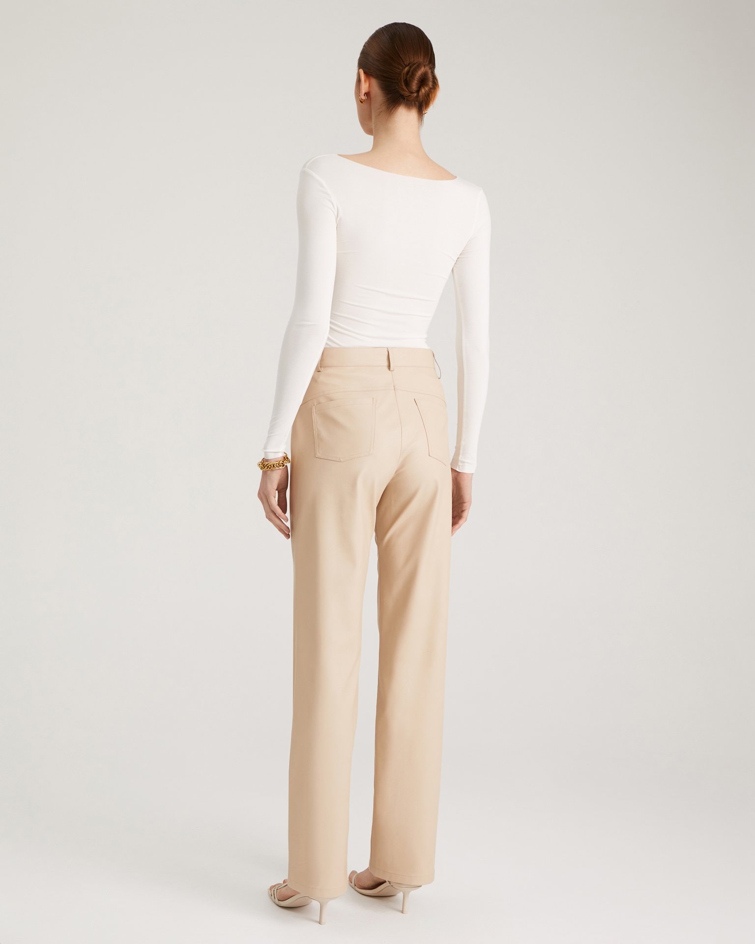 Beige faux leather trousers, Beige — photo 3