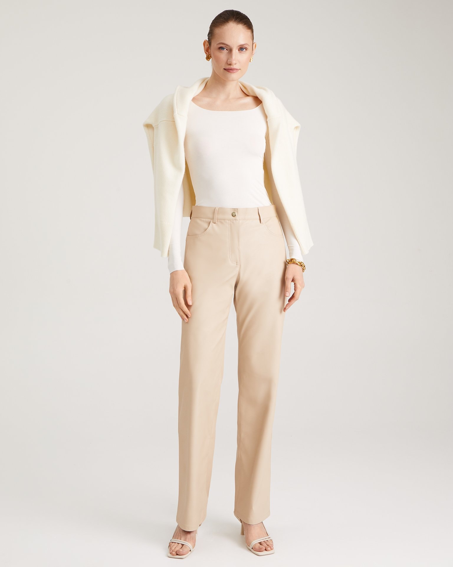Beige faux leather trousers, Beige — photo 6