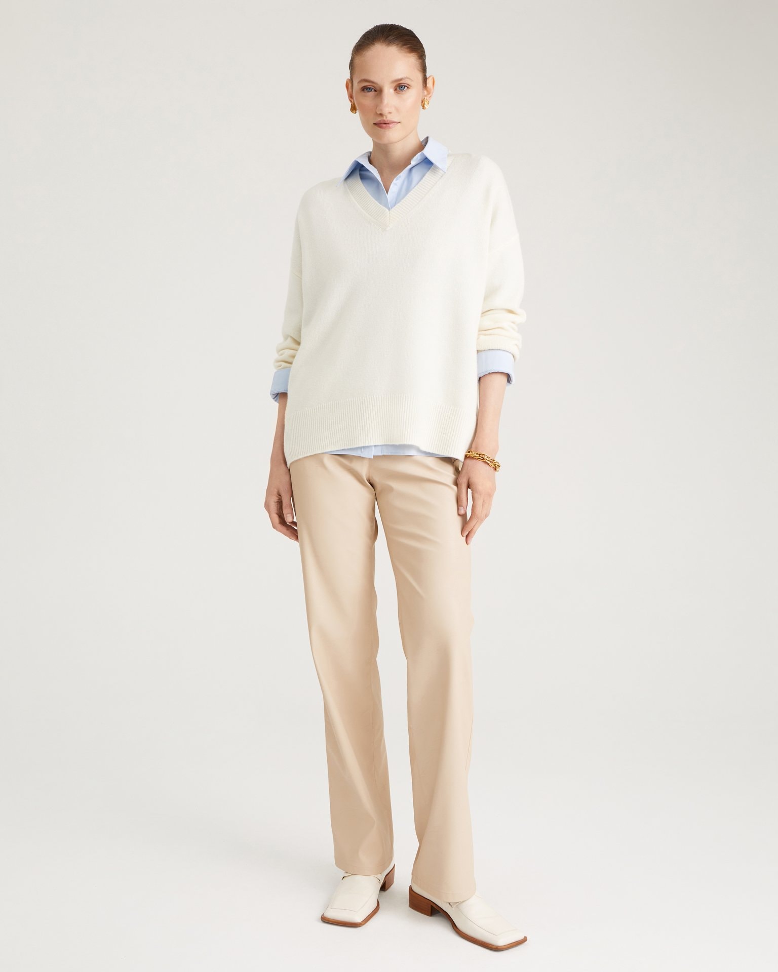 Beige faux leather trousers, Beige — photo 7
