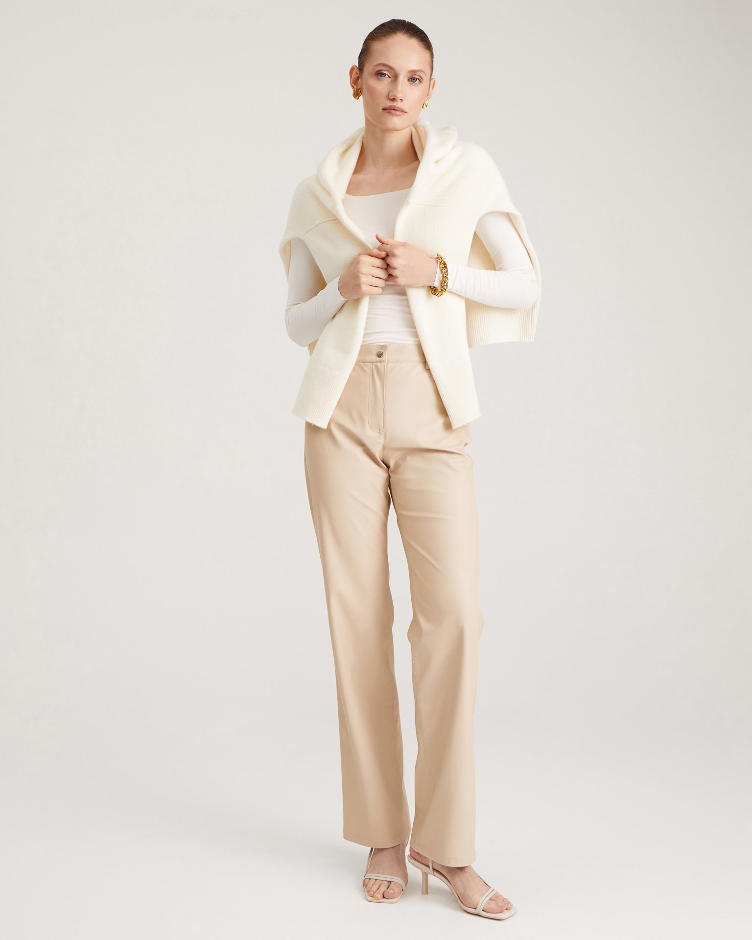 Beige faux leather trousers, Beige — photo 5