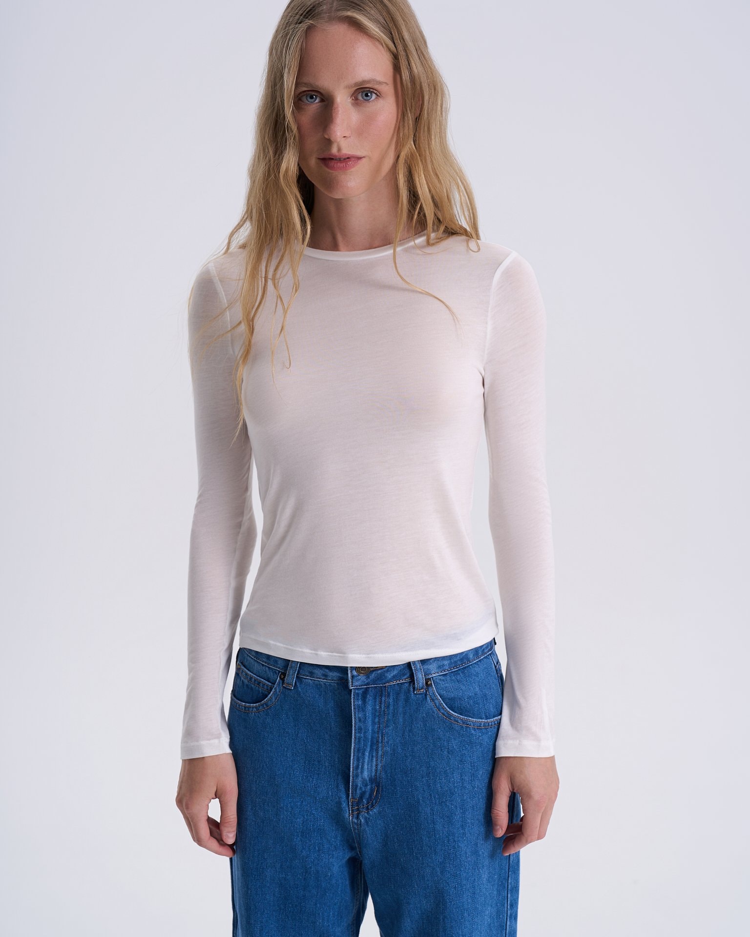White Tencel long sleeve top, White — photo 2