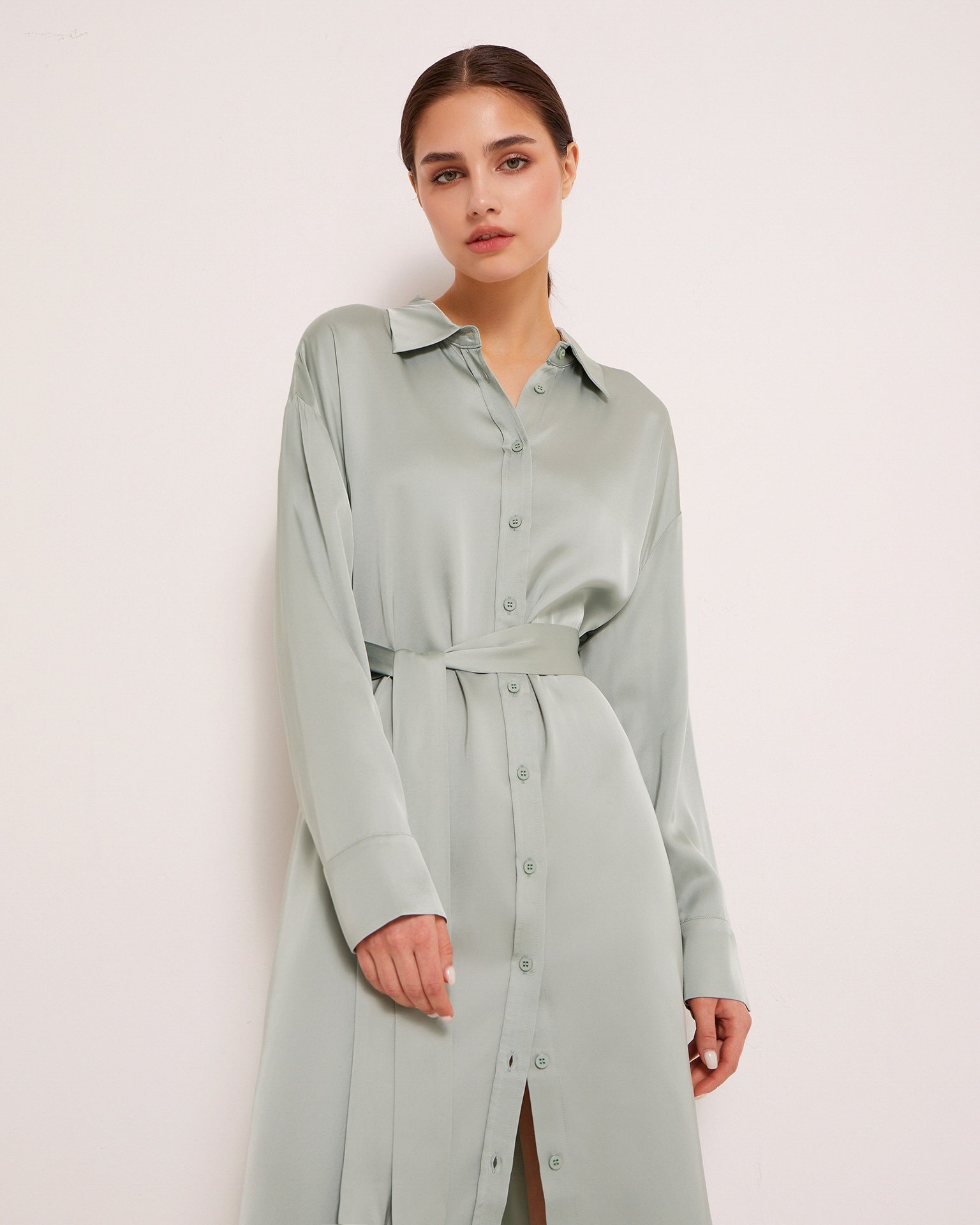 Satin shirt dress, Mint — photo 4