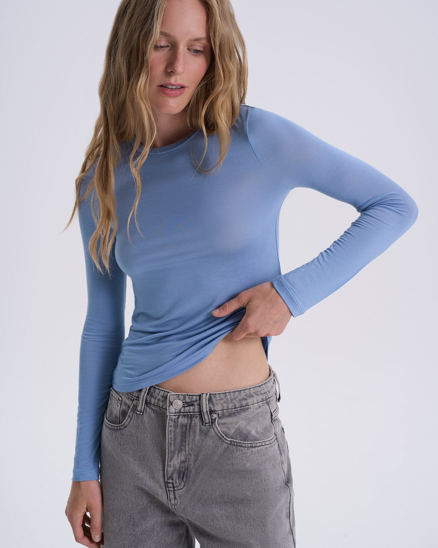 Blue Tencel long-sleeved top, Blue