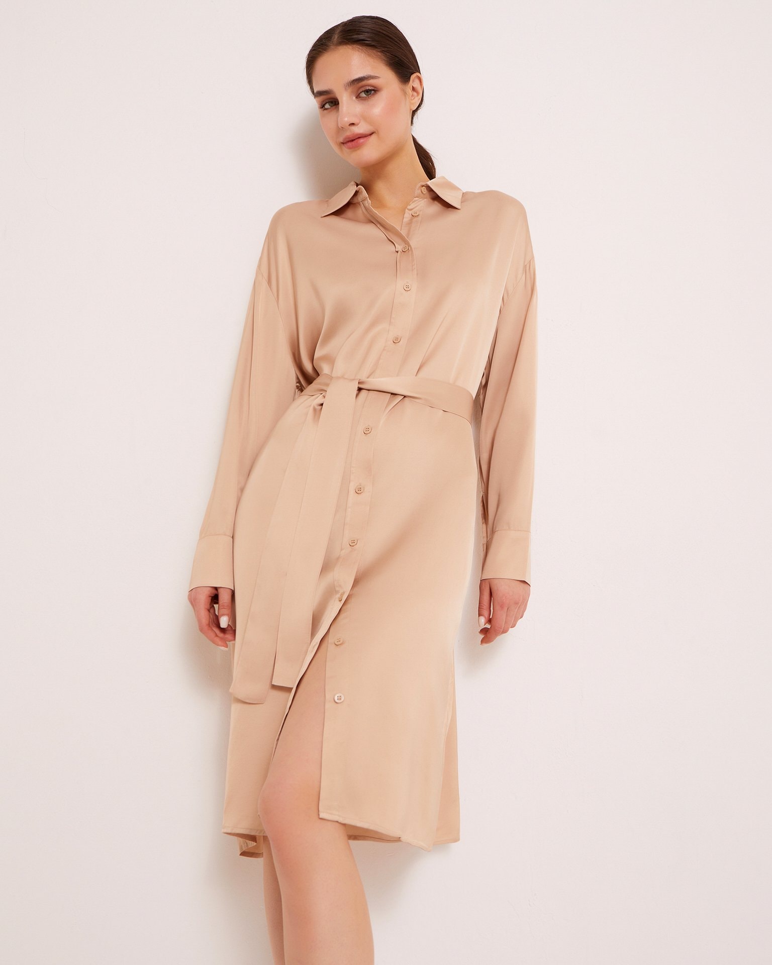 Shirt Dress with Belt, Beige