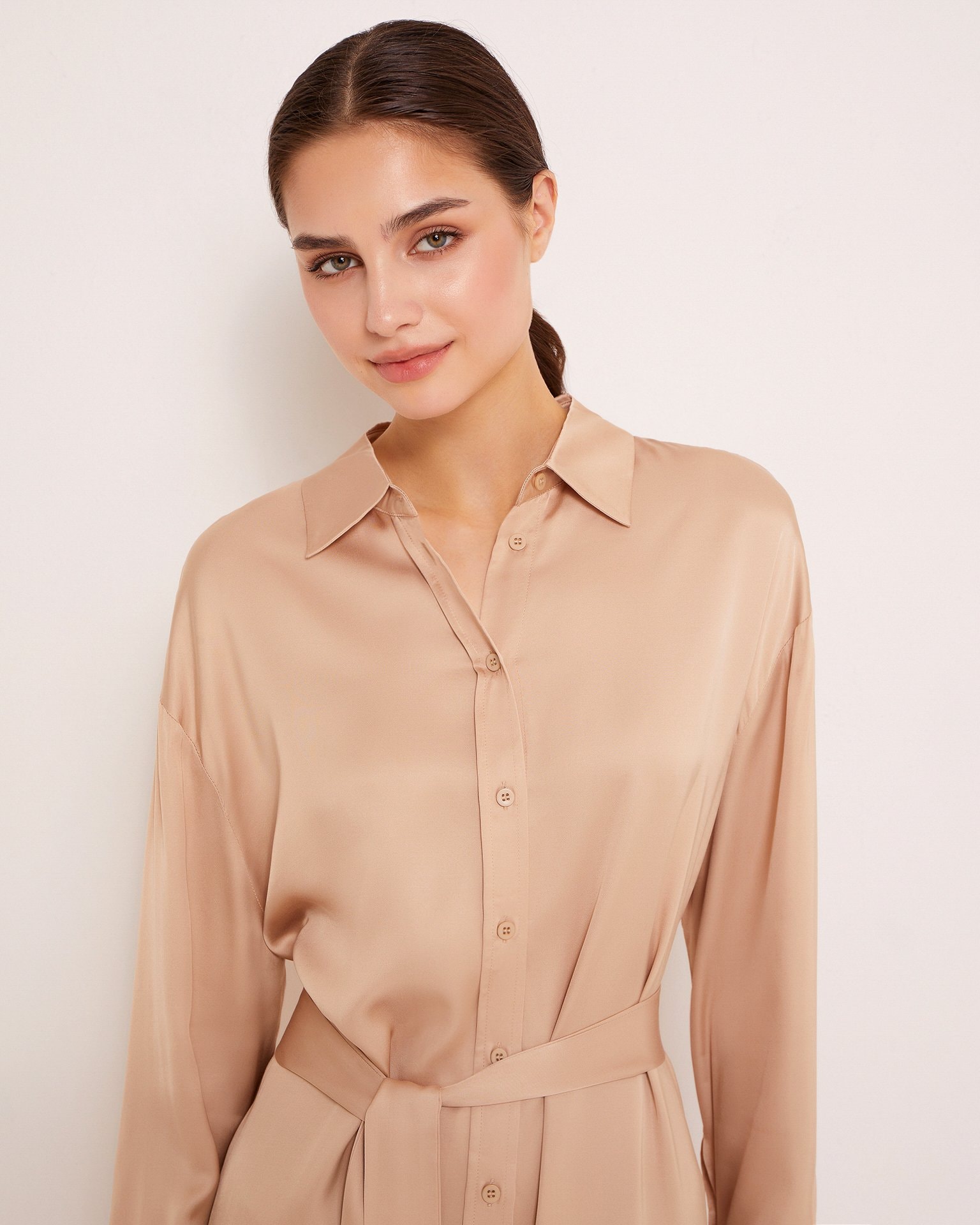 Shirt Dress with Belt, Beige — photo 5