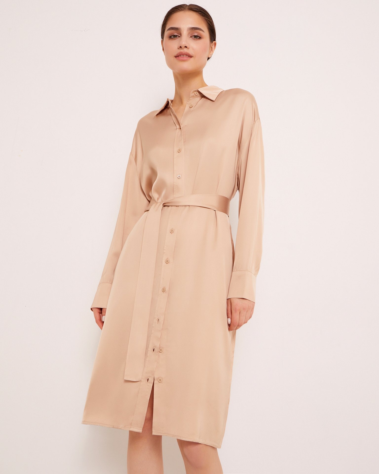 Shirt Dress with Belt, Beige — photo 4