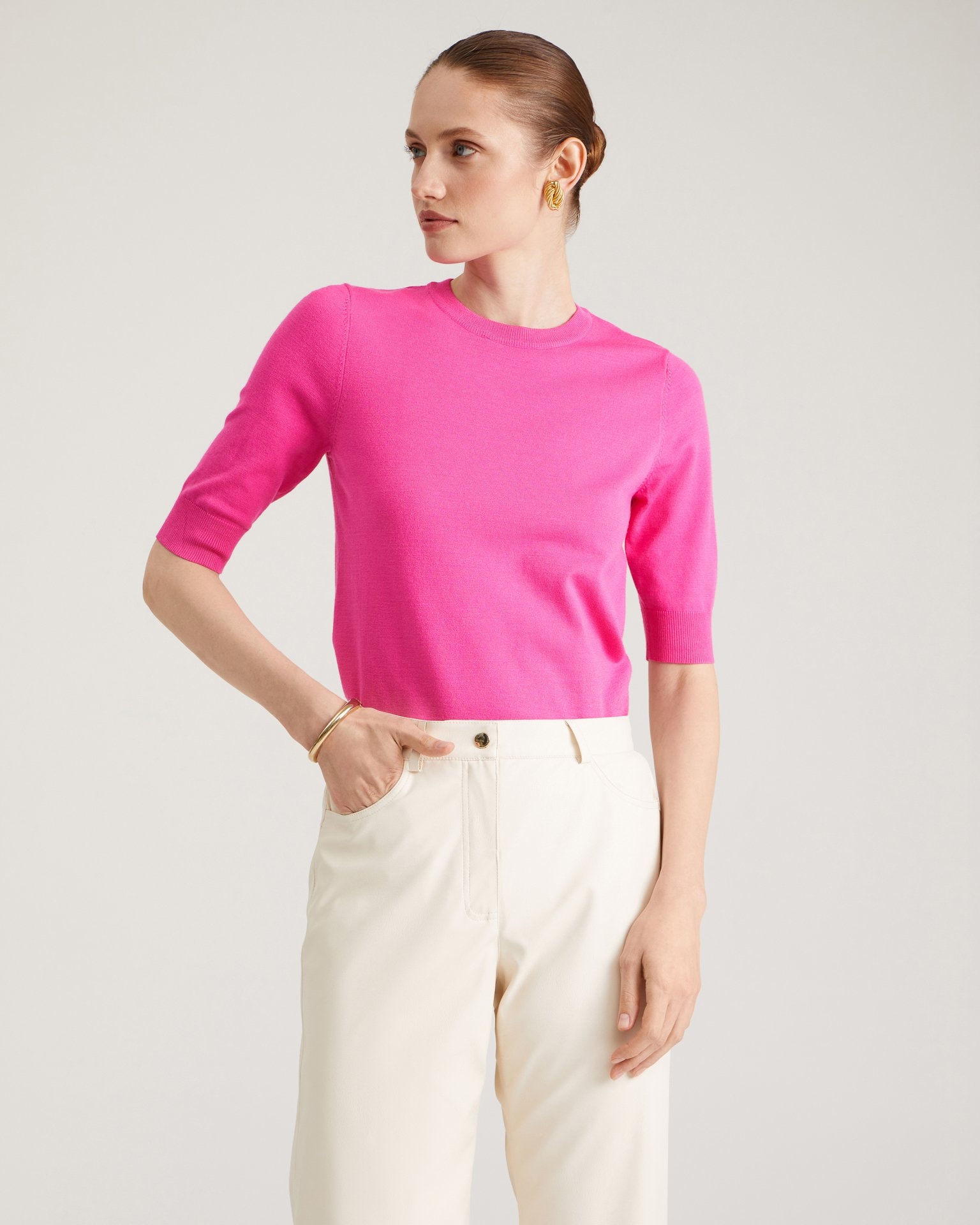 Milk-coloured eco-leather trousers, Milk — photo 4