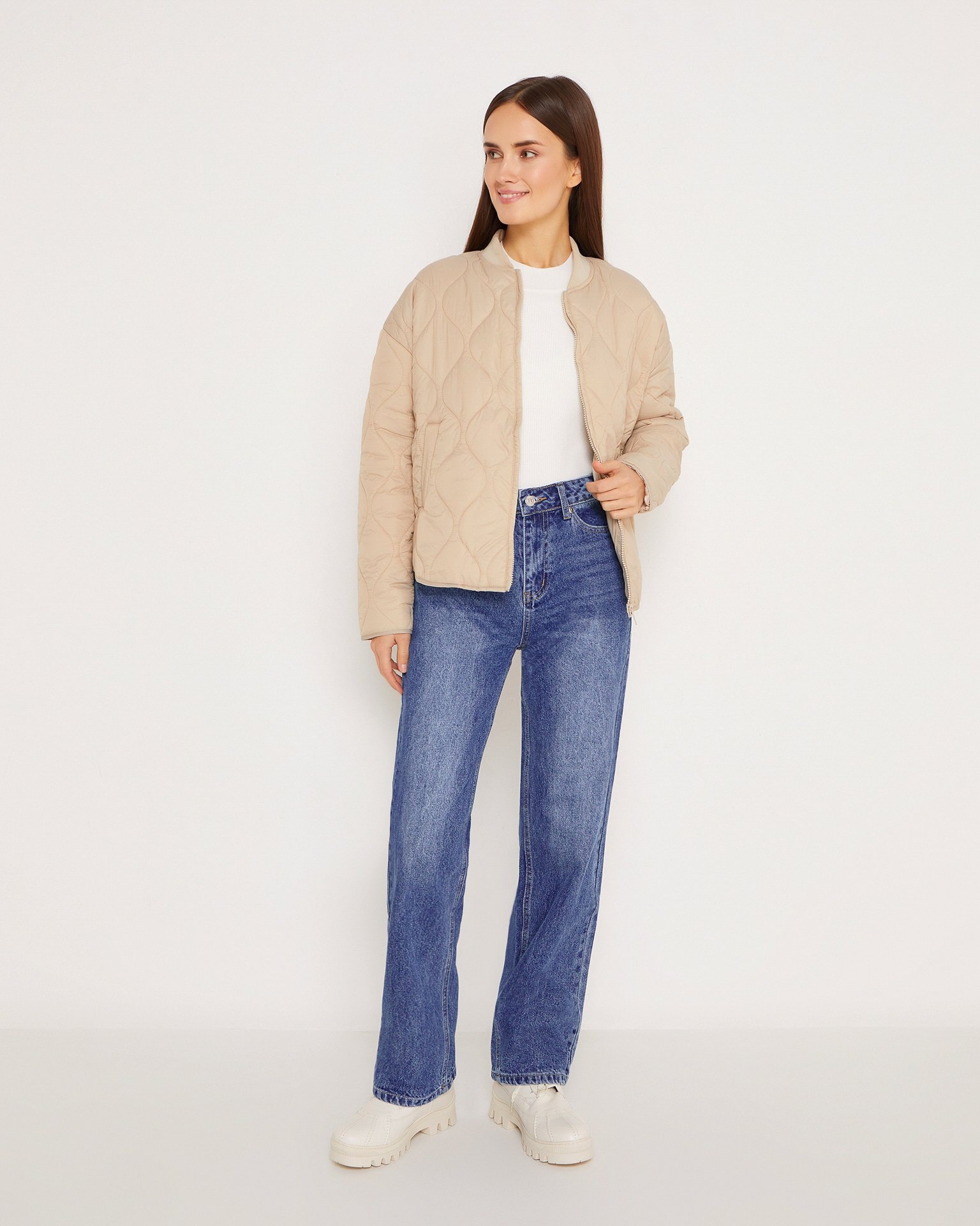 Quilted cropped jacket, Beige — photo 2