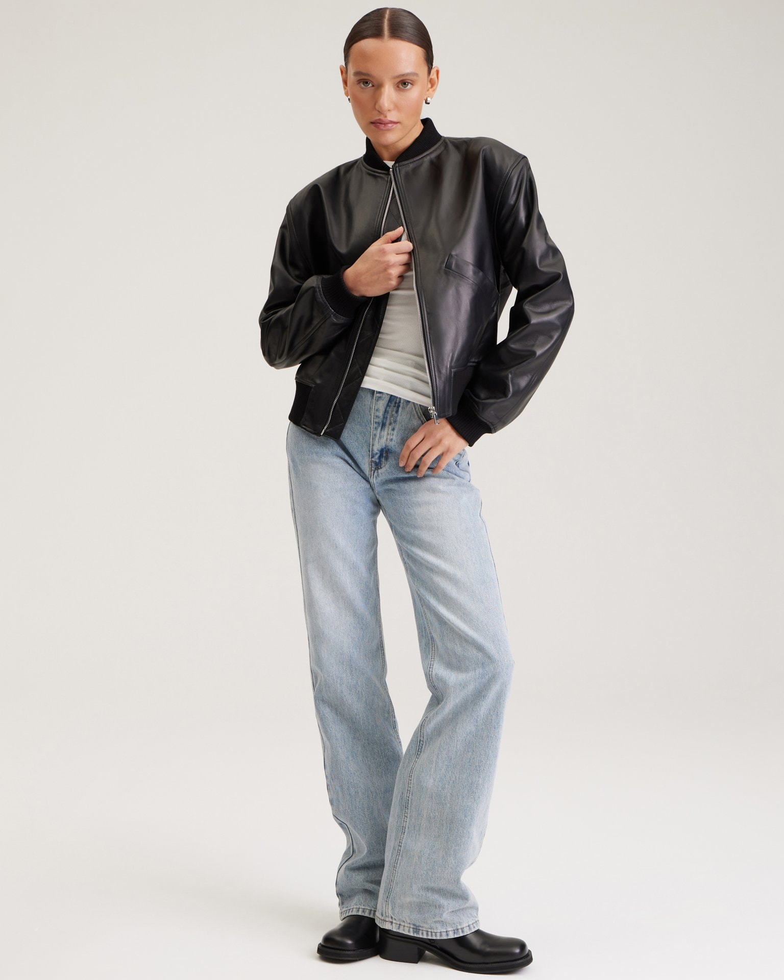 Black leather bomber jacket, Black