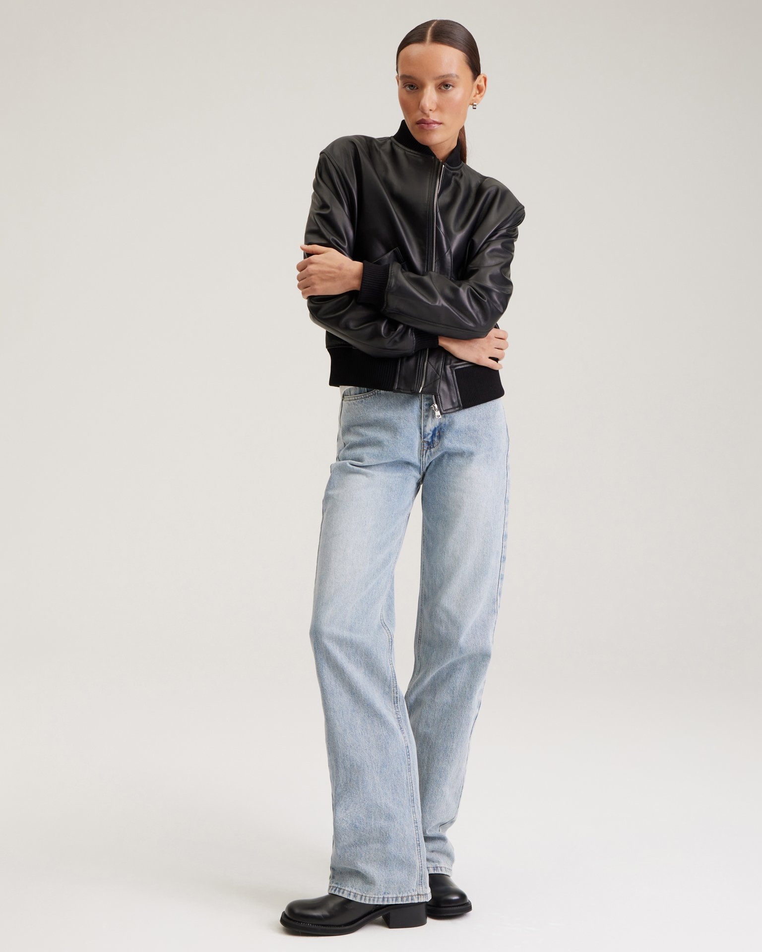 Black leather bomber jacket, Black — photo 5