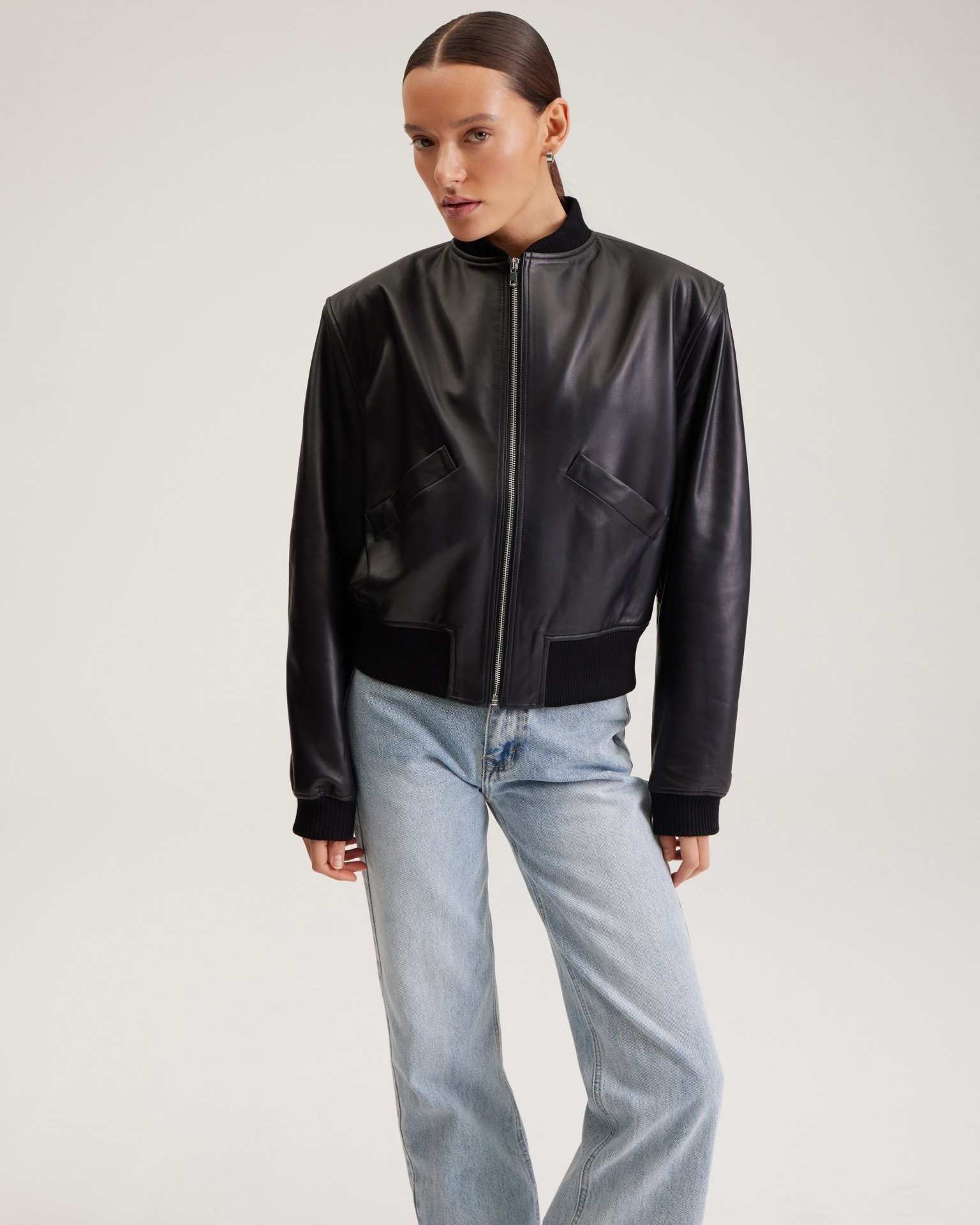 Black leather bomber jacket, Black — photo 4