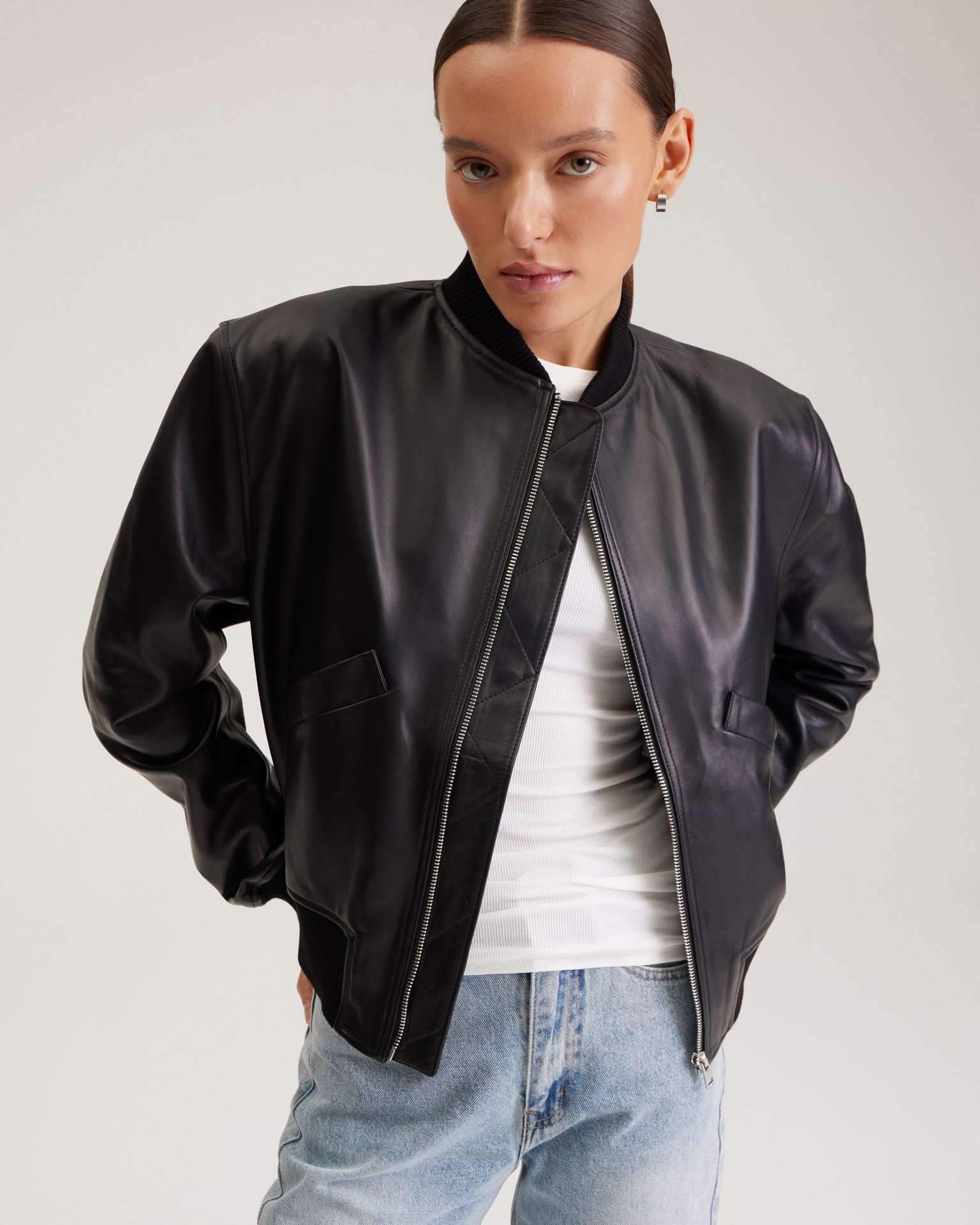 Black leather bomber jacket, Black — photo 6