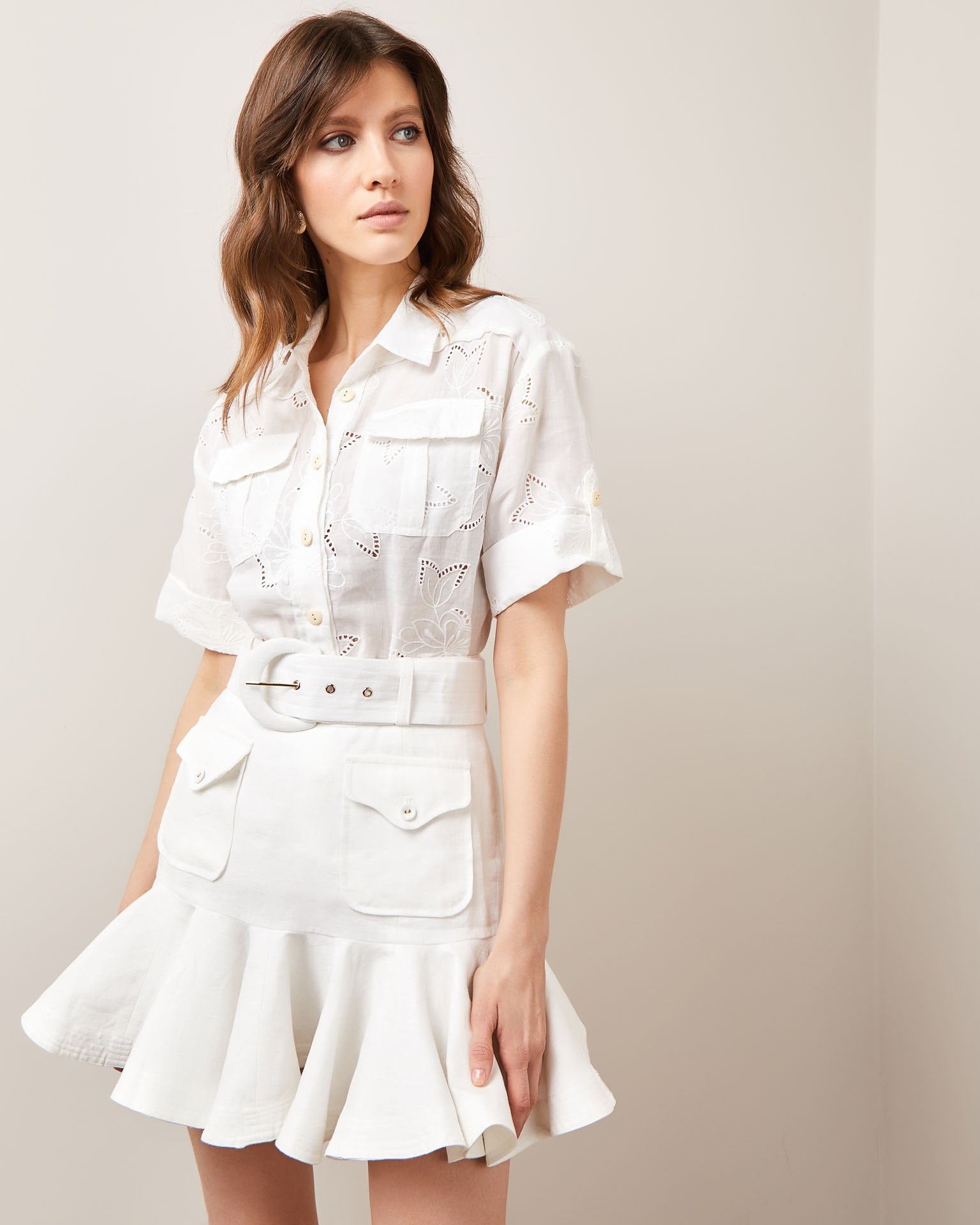 Flounced mini skirt, White